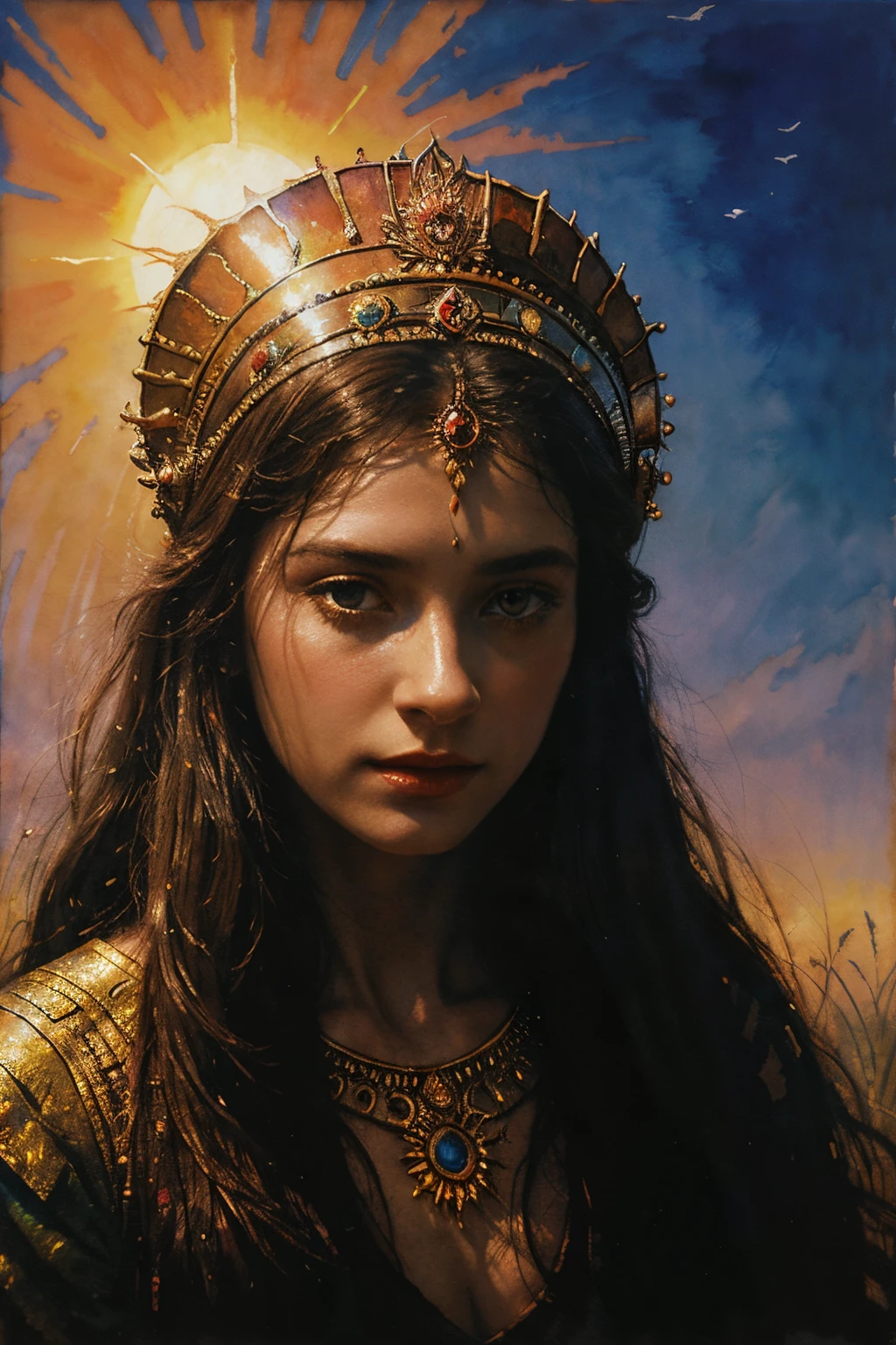 sidney sweeney as a sun goddess, mythology, watercolor painting by beksinski