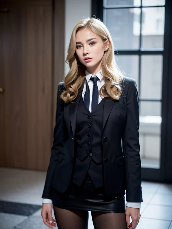 Background Office、big breasts、Best Quality, masutepiece, 超A high resolution, (Photorealistic:1.4), Raw photo, 1girl in, Blonde hair, Blue eyes, Eyes and faces with detailed, Black Suit, (Three-piece suit), Skirt suit, neck tie, Bodycon Mini Skirt, pantyhose, waistcoat, Dynamic lighting, In the Dark, deepshadow, lowkey, Cowboy Shot Full Length Body