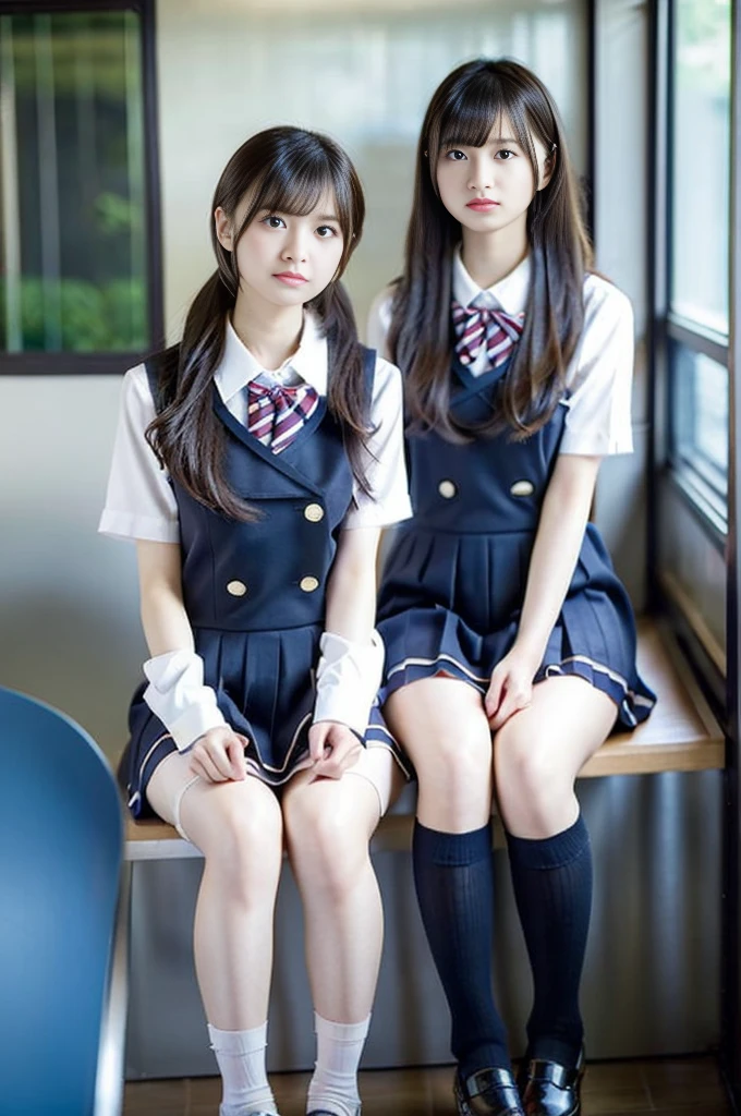 masutepiece, High quality, Best Quality, Beautiful, hard disk, Realistic, Perfect Lighting, Detailed face, 2 girls、Alafed asian woman in short skirt and bow tie sitting on train、cute school girl、Japan Female Student Uniform、with a Japanese school uniform、Japan school uniform、a hyperrealistic schoolgirl、hi-school girl、Dressed in uniform、a hyperrealistic schoolgirl、Girl in Uniform、Schoolgirl posing in uniform、full body Esbian、slender、Nice skin、glistning skin、 lovely thighs、glowing thighs、shining legs、((I can see my panties))