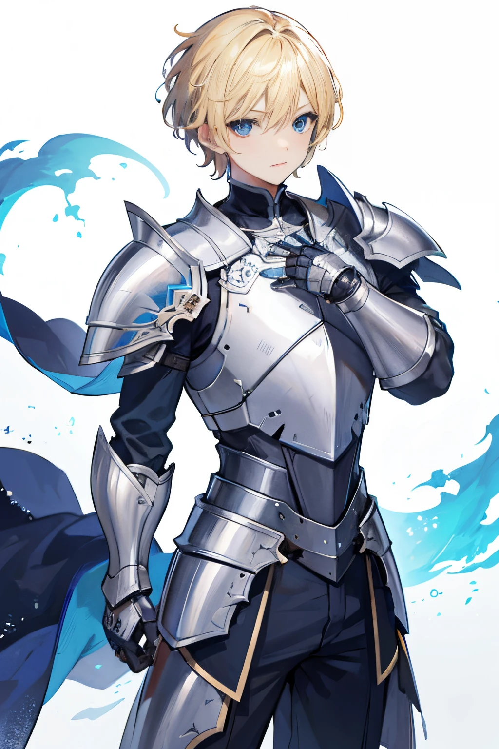 highres,high quality,best quality,detailed,1boy,solo,standing,fantasy,white background, background, character design,tachi-e,blonde hair,short hair,wavy hair,blue eyes,knight, slightly armor,blue armor,