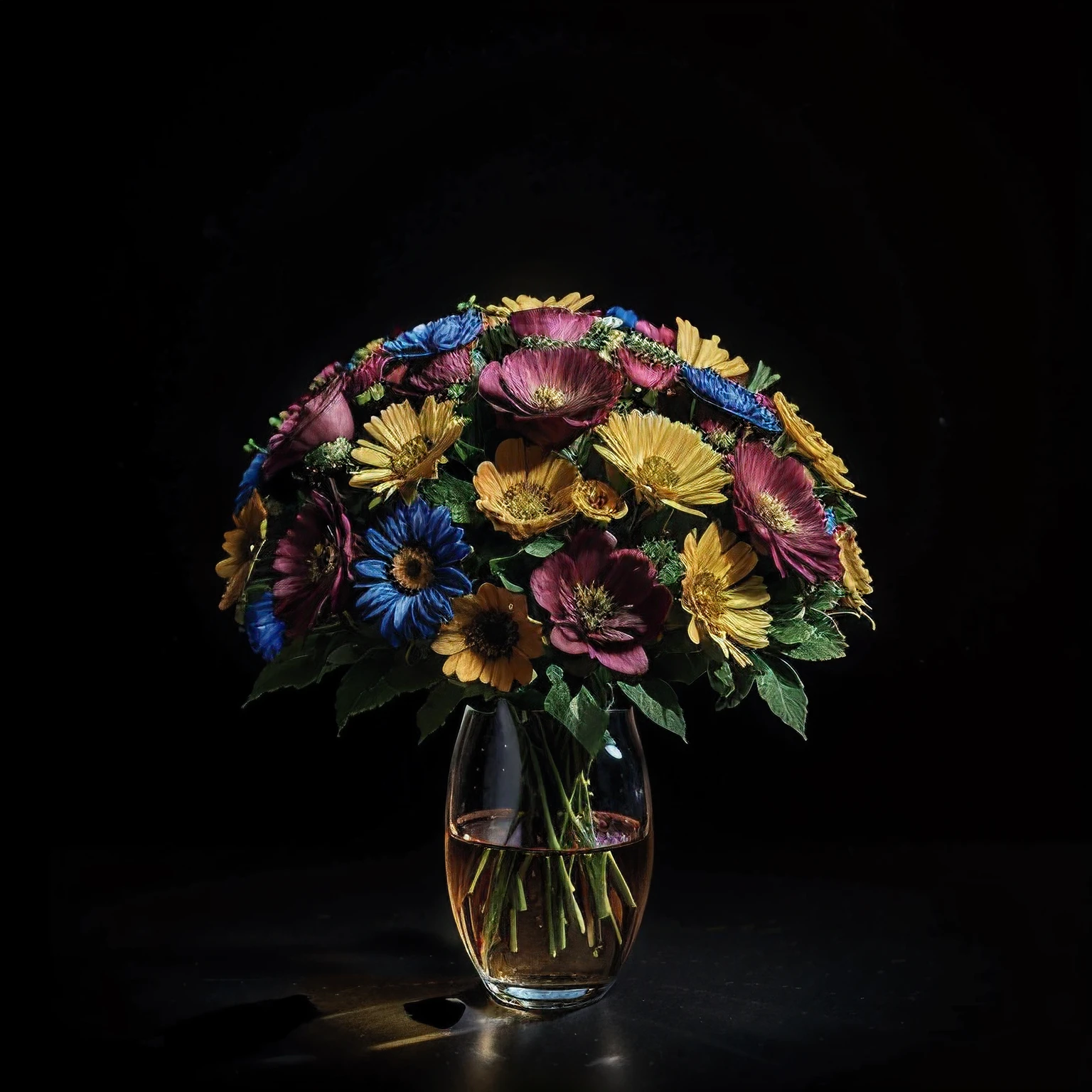 A visually stunning photograph of a vibrant bouquet of flowers, isolado contra um fundo preto, with dramatic lighting that accentuates vivid colors and intricate details, creating a captivating and dynamic composition, fotografia, Lente: 100 millimeters