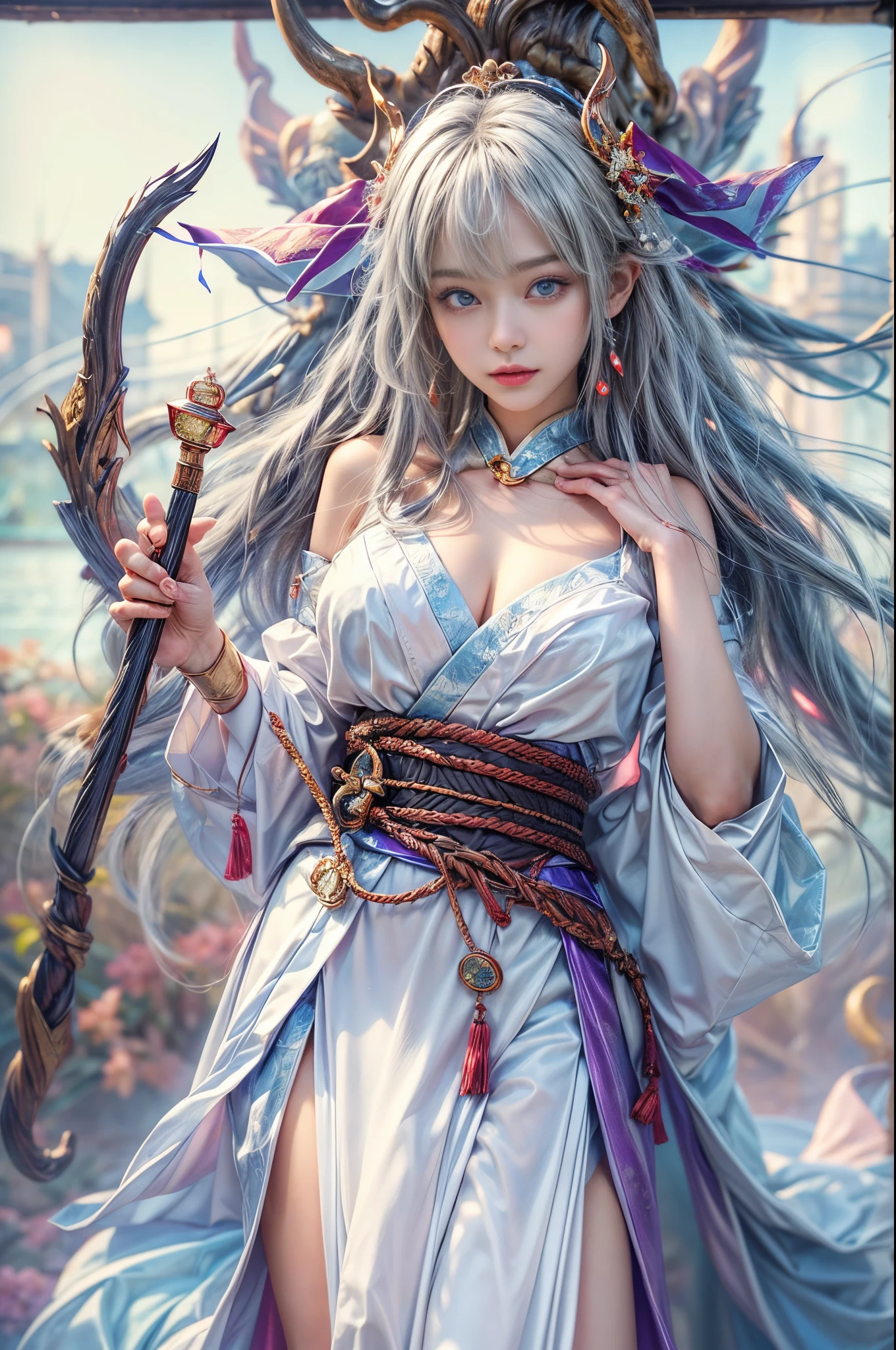 (Photoreal Stick:1.4, masutepiece:1..3, 8K), top-quality, masterpiece, 超A high resolution, Perfect dynamic composition, Professional camera work, Grow Light Effect, Mystical portrait, Cinematic Light, Highly detailed skin and facial texture:1.3, The ultra-detailliert, A detailed eye, (riding a dragon, holding an cane), (myterious:1.3, Fanciful:1.2, tradition:1.2, majestueux:1.2), 1girl in, 25-years old, cute and sexy slim goddess, Fair skin, (Enraptured look:0.9, Totally captivates you:1.0), (japanese miko costume:1.3), (voluptuous breasts:0.9), (Backshots, Calm pose), (Beautiful blue eyes, Eyes that feel beautiful eros:0.85), Sexy face:0.4, (A mouthfeel that feels beautiful eros:0.85), ((Too cute beauty:0.9)), Detailed limbs, Fantastic background