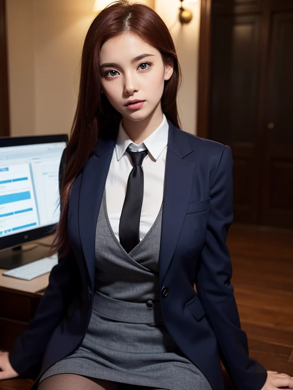 Background Office、big breasts、Best Quality, masutepiece, 超A high resolution, (Photorealistic:1.4), Raw photo, 1girl in, Red hair, Blue eyes, Eyes and faces with detailed, Black Suit, (Three-piece suit), Skirt suit, neck tie, Bodycon Mini Skirt, pantyhose, waistcoat, Dynamic lighting, In the Dark, deepshadow, lowkey, Cowboy Shot Full Length Body、huge tit