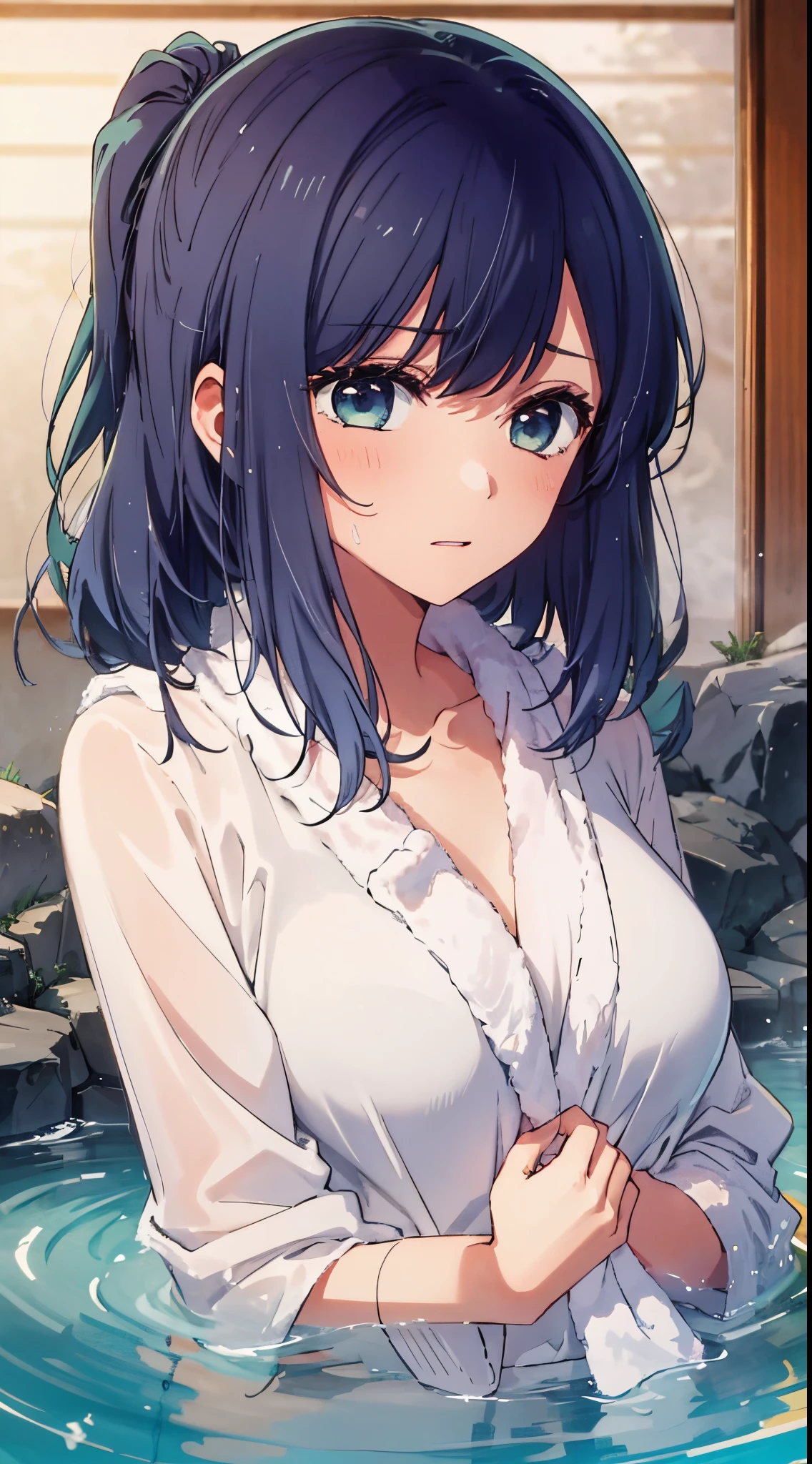 beautiful  lighting, 1girl in, 独奏, Akane,  ((anime styled))、((2D))、be shy、(hot onsen)、(((a towel)))、((a closeup))、(((embarassed face)))、Facing the camera、Colossal tits、hiding chest with hands