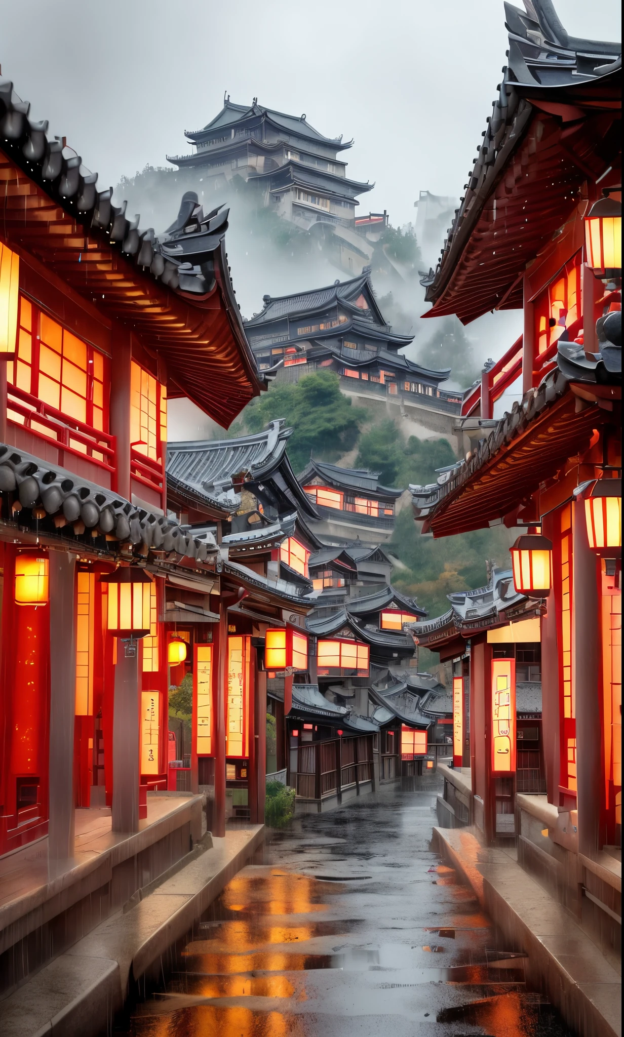 arafed view of a village with a lot of lights on the buildings, dreamy chinese town, chinese village, amazing wallpaper, japanese town, japanese village, hyper realistic photo of a town, old asian village, japanese city, by Raymond Han, rainy evening, cyberpunk chinese ancient castle, beautifully lit buildings, at evening during rain, beautiful and aesthetic, photography, cinematic, 8k, high detailed ((Heavy rain)))