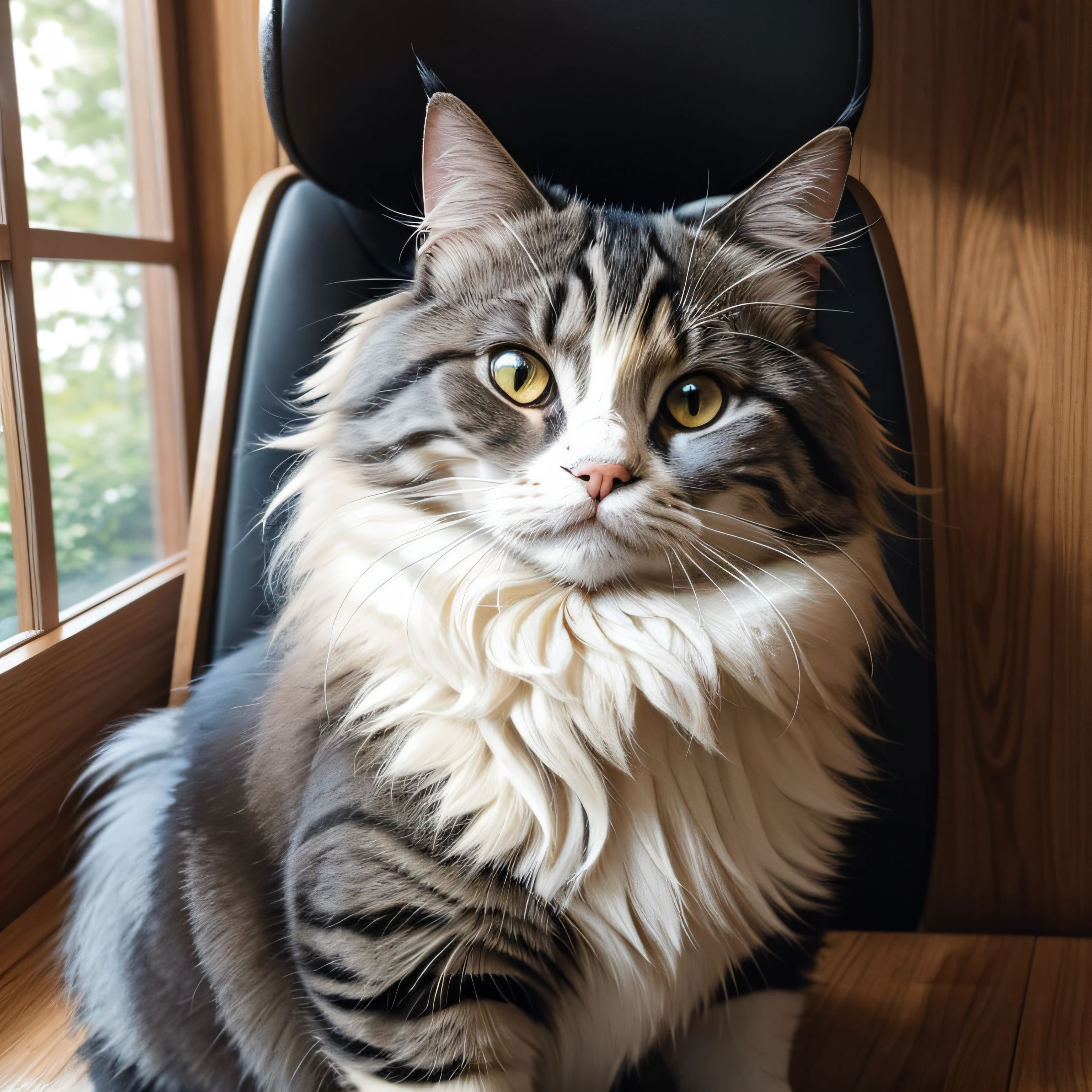 Long-haired cat、Norwegian Forest Cat、long hair that looks like that&#39;I'm wearing a coat、white around the mouth, black hair elsewhere