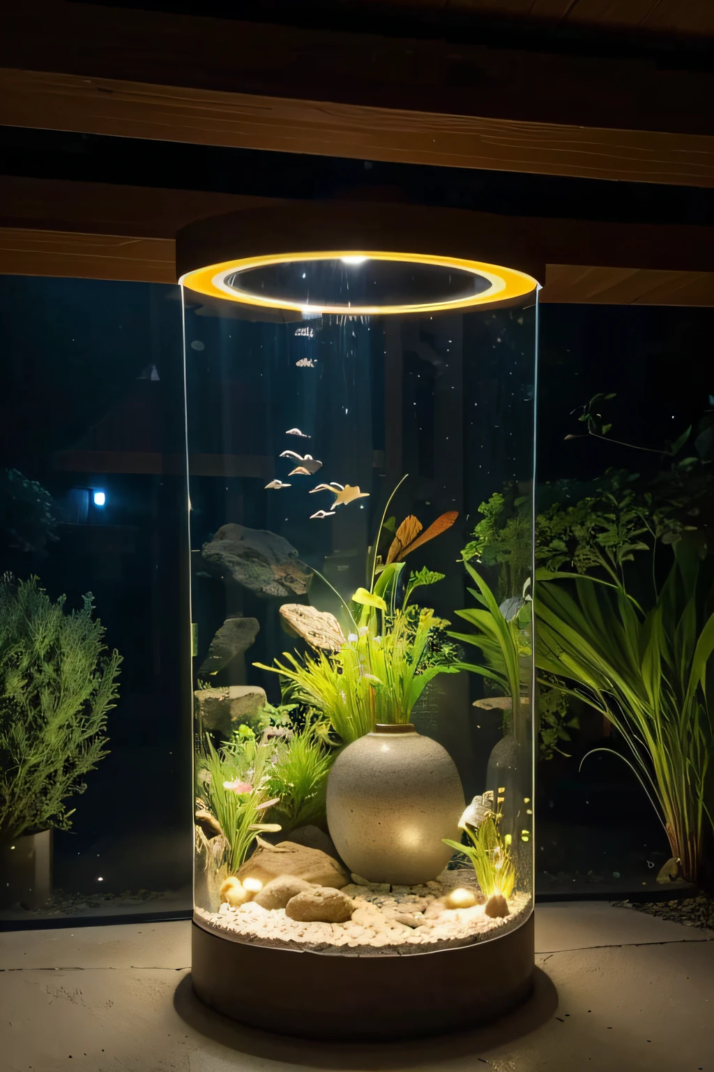 Outdoor terrace,level ground,fish tank,ancient clay jar,Ancient fish farming,LED light strip inside the tube wall,gold fish,Ornamental fish,Fish swim,water flowing,Adjust top perspective,ultraclear,Sony A1,Atmosphere light,solar light strip