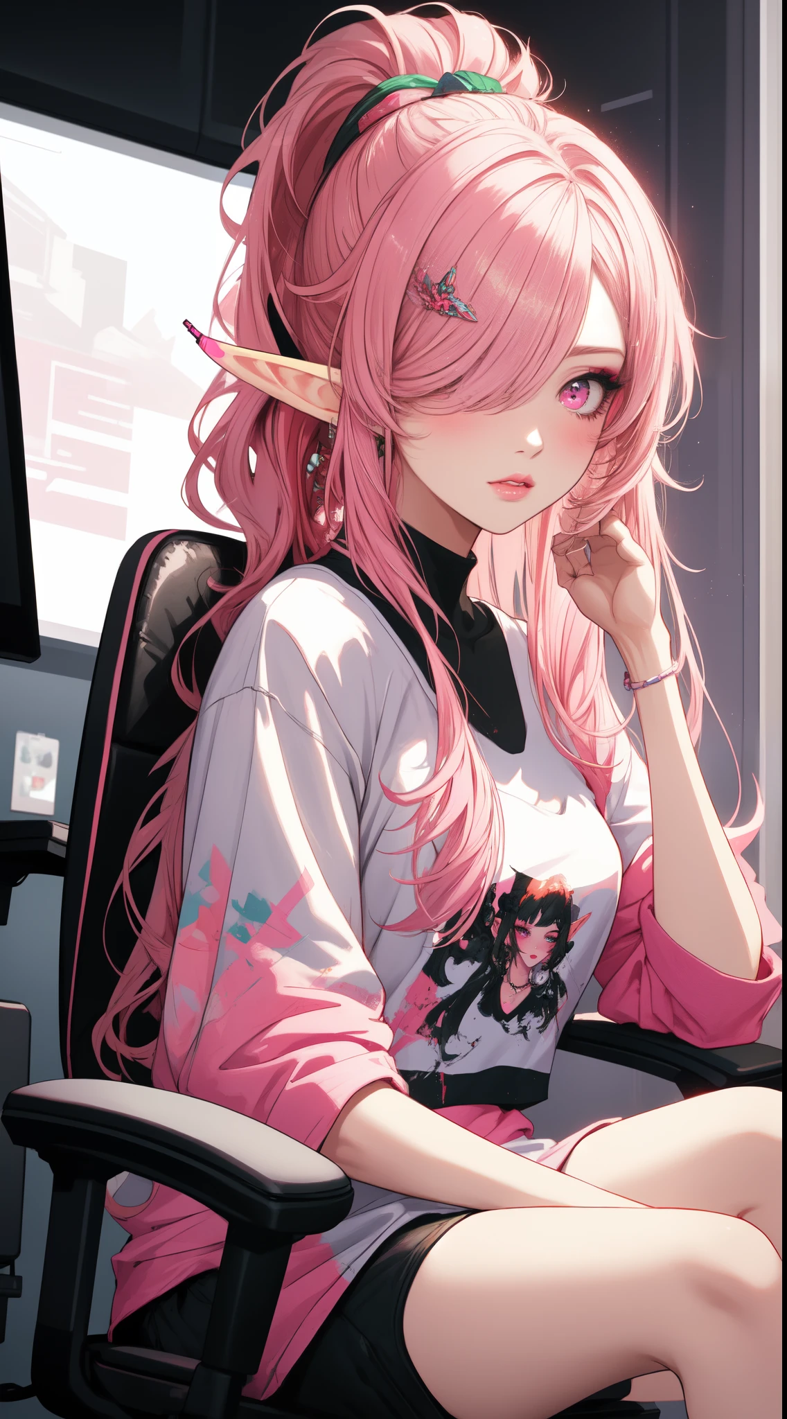 (masterpiece), (bestquality), (highlydetailed), (ultra-detailed), portrait of a cute gamers elf girl, (elf:1.1), (1girl), solo, half body, (sitting on gaming chair:1.2), extremely detailed beautiful face, blush, messy hair ponytail, parted bangs, (hair over one eye), eyelashes, makeup, pink eyes, parted lips, eyeshadow, pink lips, pink eyeshadow, Long white t-shirt, (pink theme pc), style art by artgerm, by wadim kashin, by Kawacy.