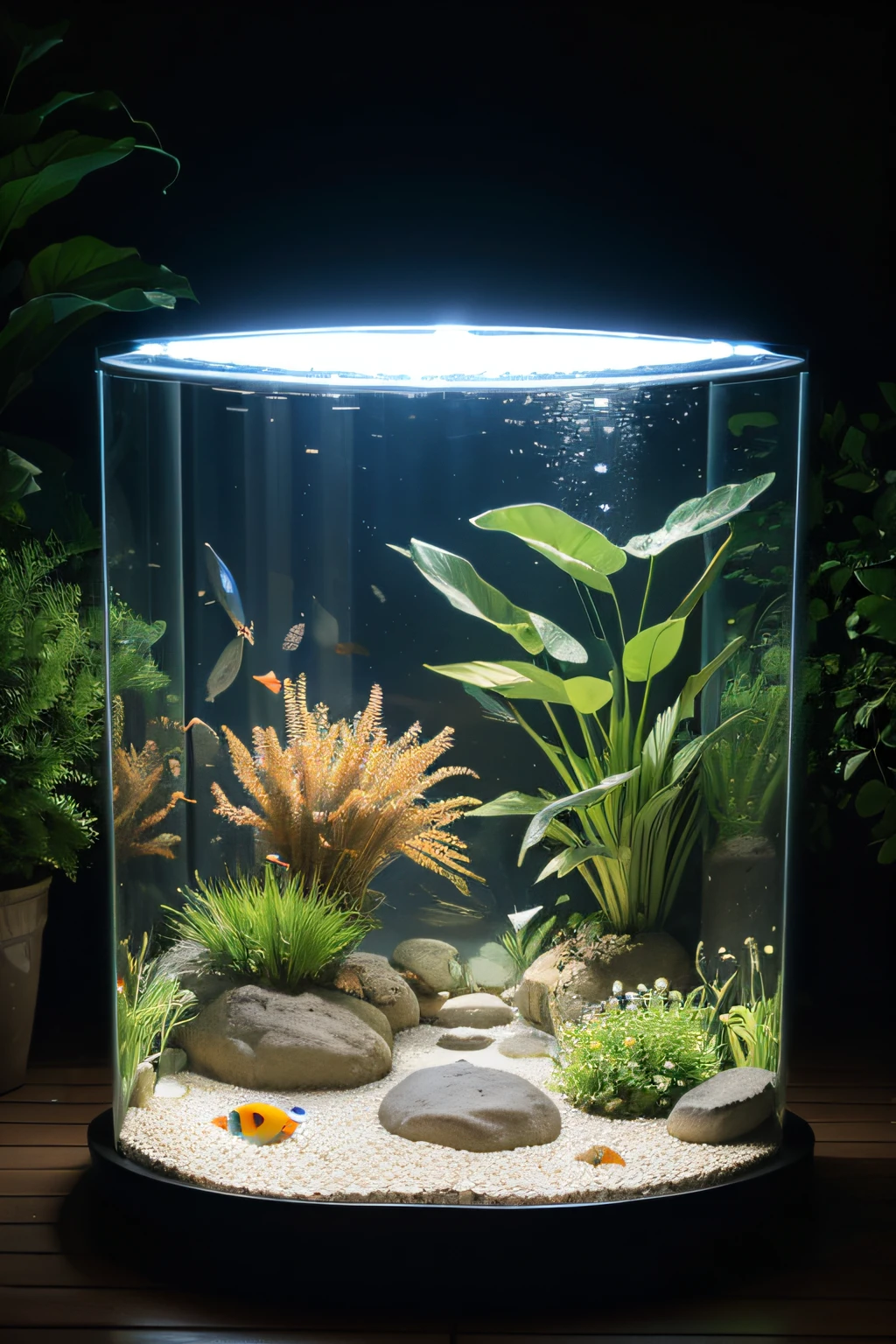 Outdoor terrace,level ground,fish tank,ancient clay jar,Ancient fish farming,LED light strip inside the tube wall,gold fish,Ornamental fish,Fish swim,water flowing,Adjust viewing angle,ultraclear,Sony A1,Atmosphere light,solar light strip