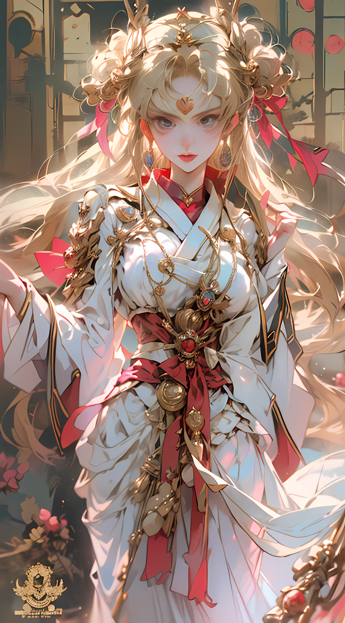 One from a mobile game《Glory to Kings》girl charlotte,(Best quality,tall house),Wear exclusive skins from collaborations &cite;king's honor&cite;,Have beautiful and delicate eyes,The overall design inspired by the priestesses of traditional Japanese shrines..,confidently(realistically)Pose up,Keep the traditional miko uniform - underwear,White coat,Dark red culottes,Chihaya,red button straw sandals,Specially added armor design on the waist,Strengthen the overall sense of combat,In the warm golden sun(vivd colour)。The painting depicts Charlotte in dynamic poses,hair flowing,Delicate facial features,Such as long eyelashes and beautiful delicate lips。This artwork was created using digital painting and 3D rendering techniques:number art,3 Rendering)hybrid creation,resulting in ultra-detailed and focused character representations(ultra - detailed、Clear focus)。Soft studio lighting illuminates the scene perfectly,Enhance image depth and realism(Studio lighting)。The color palette vibrant,A mix of warm and cool colors,with charlotte'Fiery personalities and charming surroundings(Colorful)Complement each other。The visual style blends elements of anime and concept art,Showcase characters and games(Japanese cartoon、concept-art)Dynamic and fantastical nature。This image has high resolution,describe in great detail,Capture every intricate detail of people and landscapes(Tall structures described in extreme detail)。Judging from the quality and attention to detail,This a masterpiece,Shows the beauty of the character and the world she inhabits(tmasterpiece:1.2)。