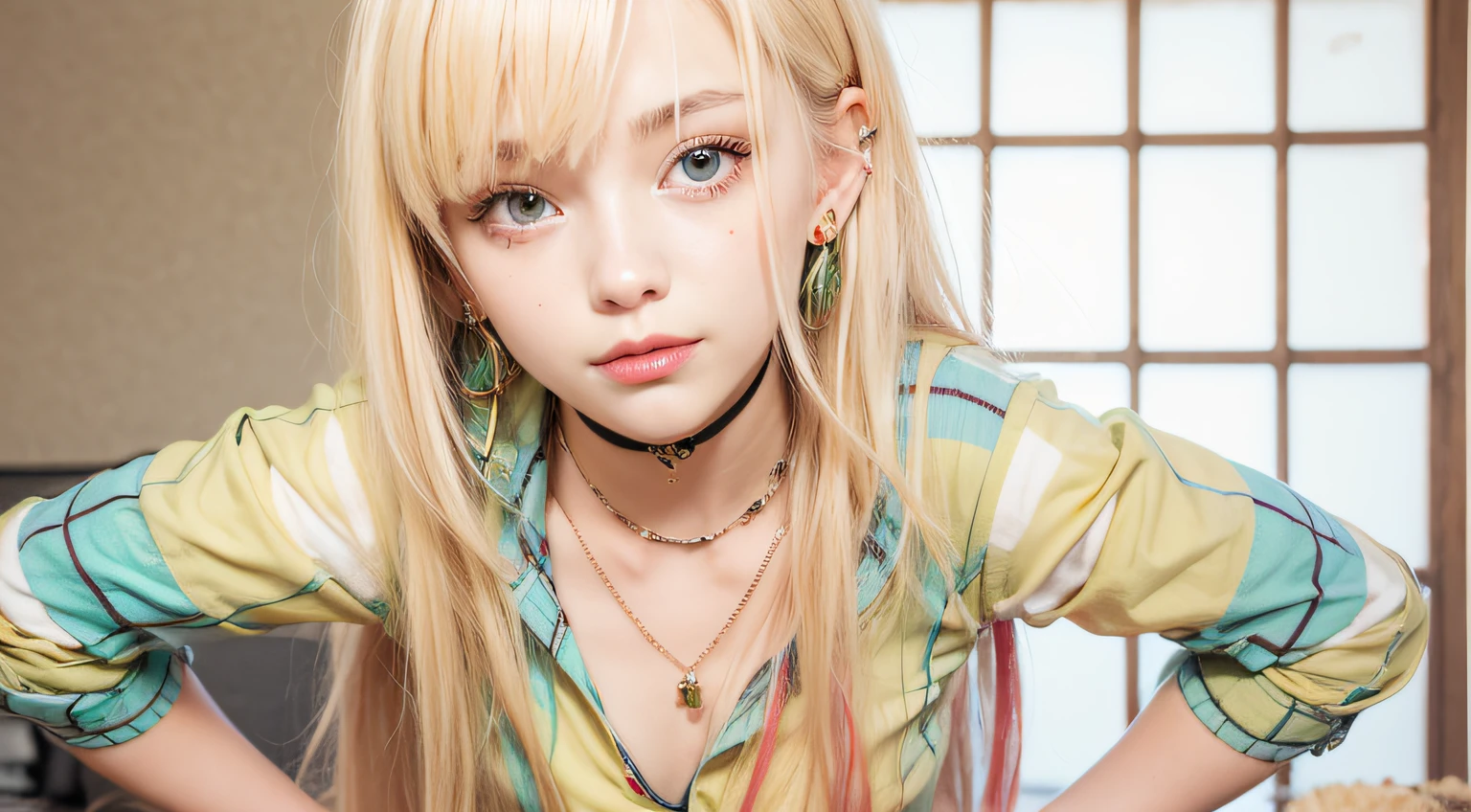 1girl, blonde hair, red eyes, choker, necklace with green pendant, ear piercings