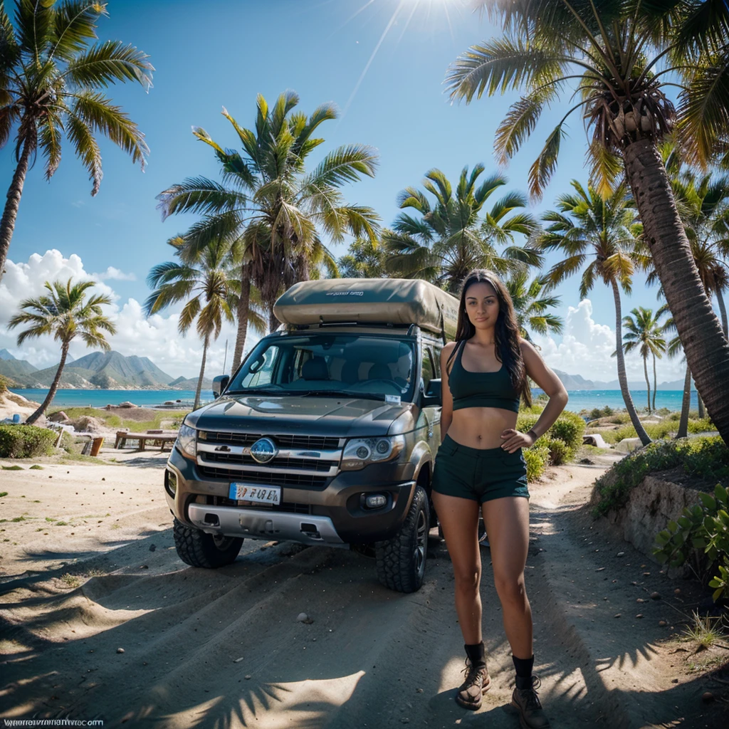 expedition campervan, 4x4, off road style, snorkel, beautiful weather, sunny day, palm trees, ocean, mountains, beautiful view, the best quality, 4K, full realism, one girl, fit body, beautiful face