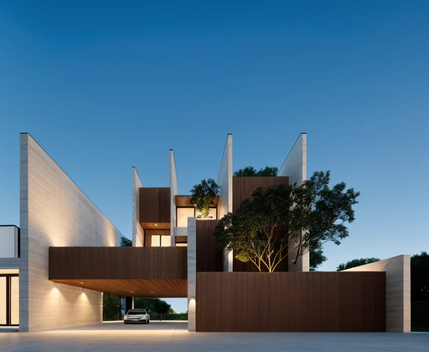 1 morden architect, main material by white wall and wood, 1large yard, 1 road runs in front of the house, (RAW photo, real, best quality, masterpiece:1.2), look morden minimalist, 1 road in front of the house, dynamic lighting:1.3, (hyper realistic, photo-realistic:1.2), high quality, (dark lighting:1.2), perfect lighting, archdaily, no human