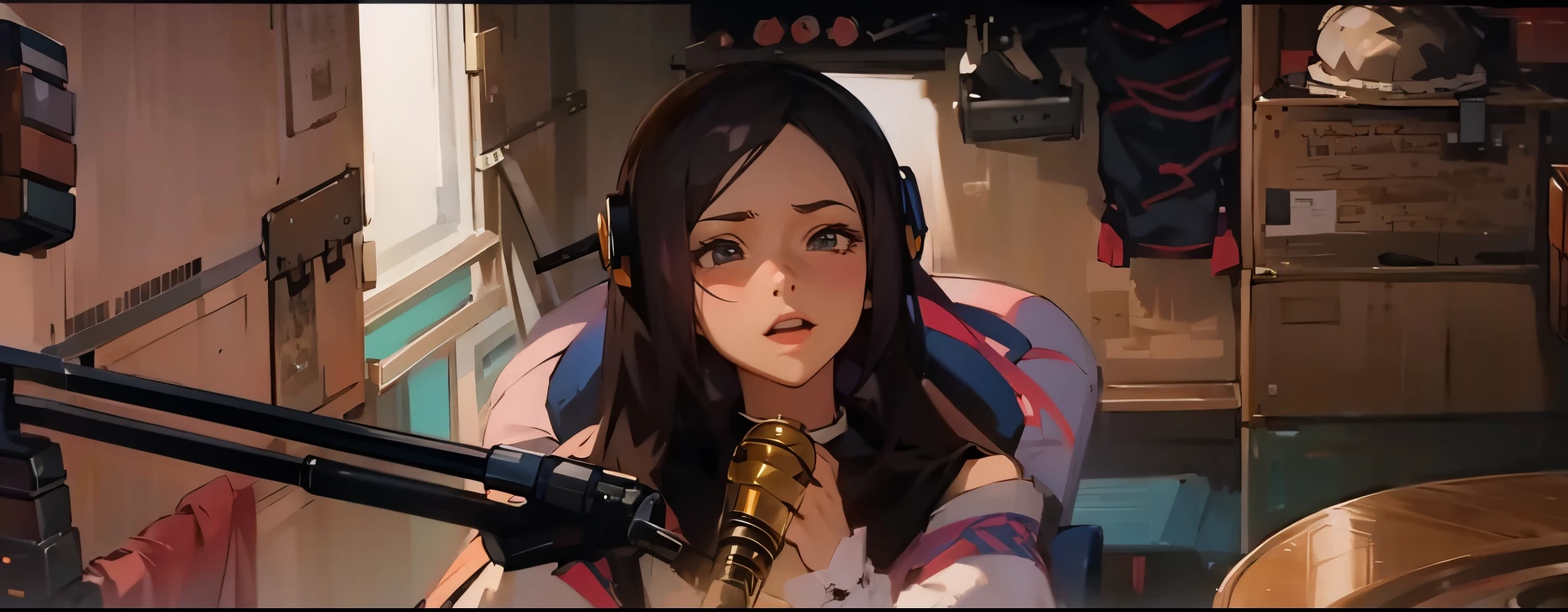 Anime girl with microphone sit on chair