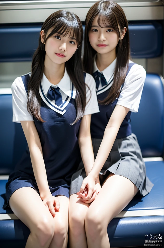 ((masutepiece, High quality, Best Quality)), Beautiful, hard disk, Realistic, Perfect Lighting, Detailed face, 2 girls、Alafed asian woman in short skirt and bow tie sitting on train、a smile、cute school girl、Braids、Twin-tailed、Hair ribbon、Japan Female Student Uniform、with a Japanese school uniform、Japan school uniform、a hyperrealistic schoolgirl、hi-school girl、Dressed in uniform、a hyperrealistic schoolgirl、Girl in Uniform、Schoolgirl posing in uniform、full body Esbian、slender、Nice skin、glistning skin、 lovely thighs、glowing thighs、shining legs、((I can see my panties))