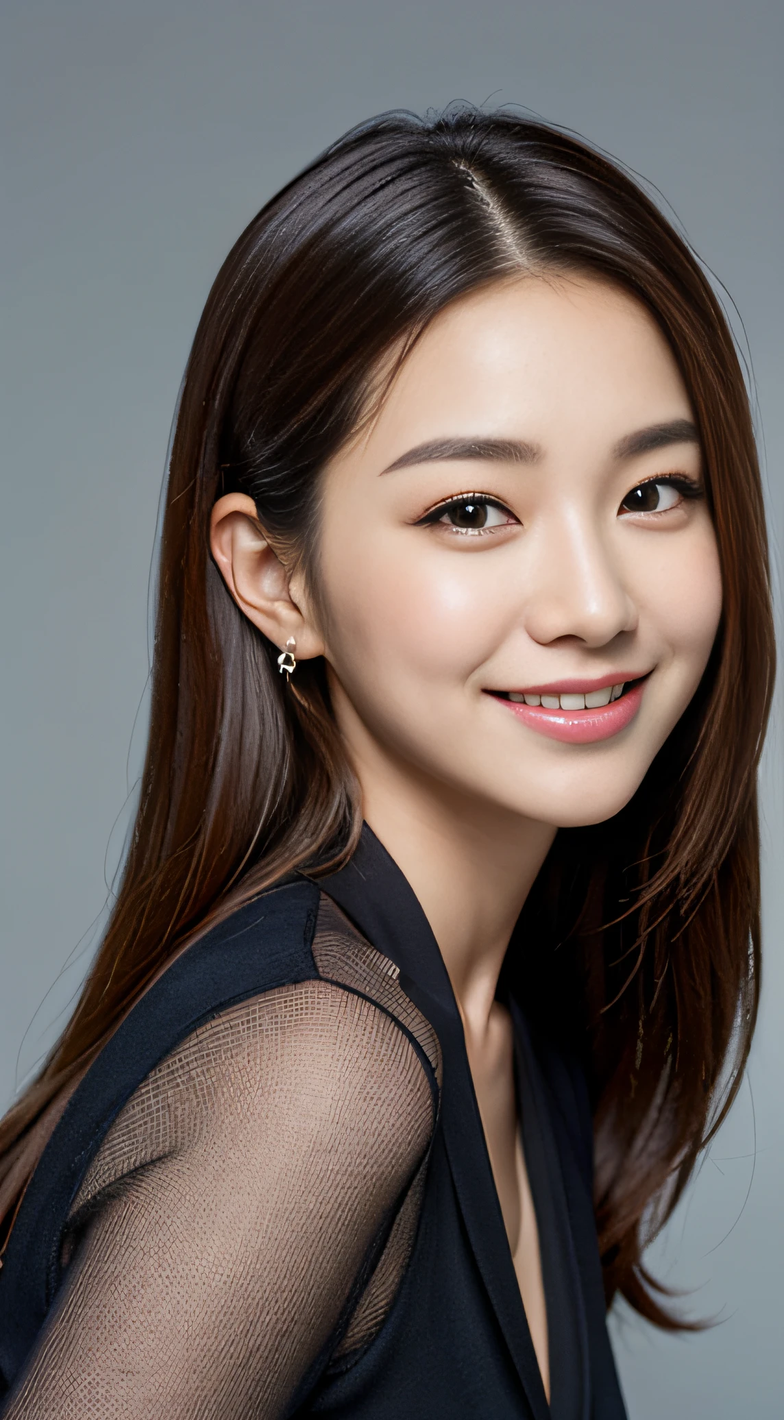 a close up of a woman with a office top and a smile, heonhwa choe, jaeyeon nam, gongbi, with round face, lee ji - eun, lee ji-eun, south east asian with round face, taejune kim, 23 years old, beautiful south korean woman, gemma chen, gorgeous young korean woman, jiyun chae, masterpiece, Best Quality, Illustration, Ultra-detailed, finely detail, high resolution, 8K Wallpaper, Perfect dynamic composition, Beautiful detailed eyes, Natural Color Lip, formal poses, sweet Smile, Looking at the camera, dark long hair