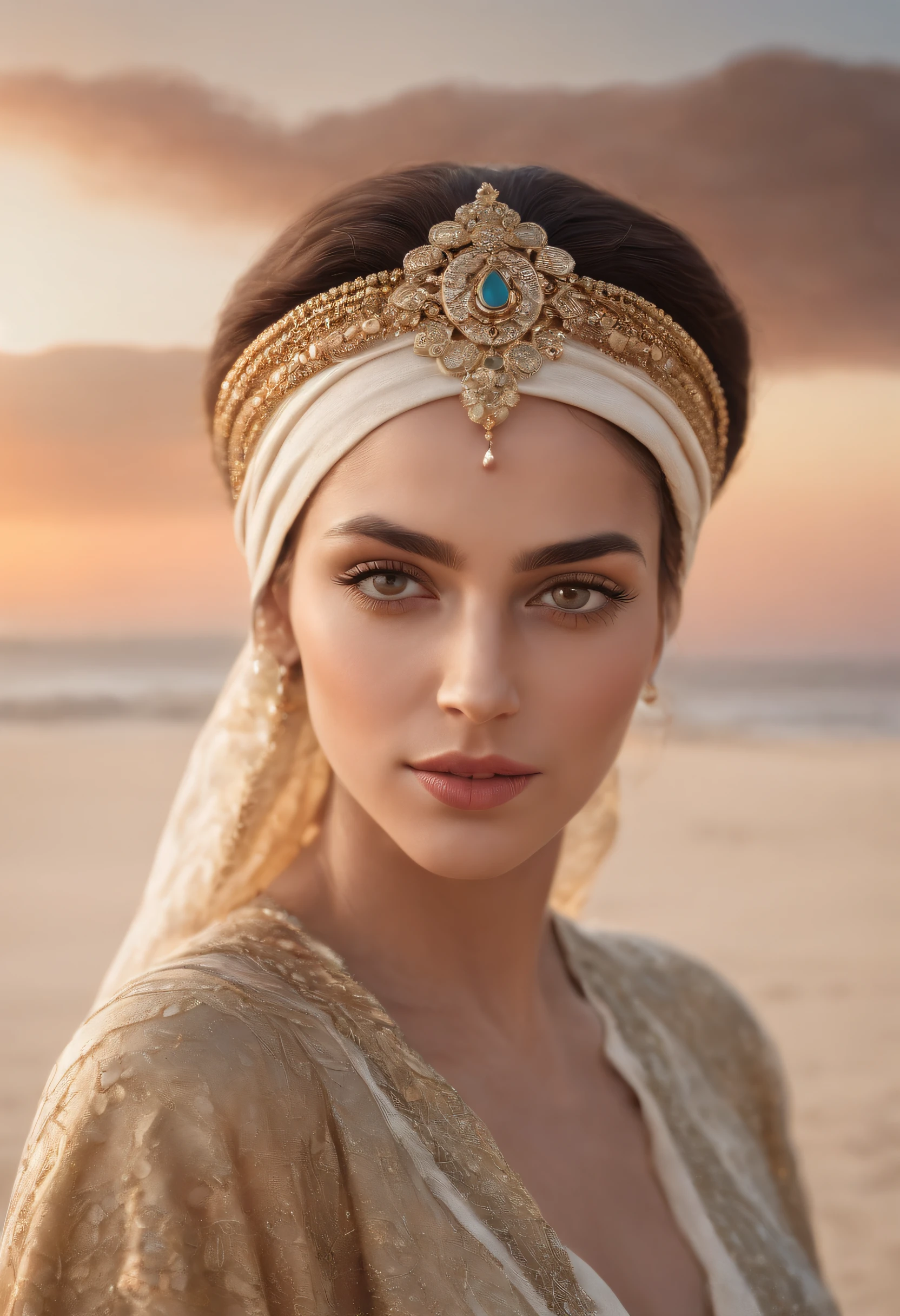 High waist portrait of beautiful and exotic Arab woman wearing Moroccan clothing on the beach, perfect detailed face, detailed symmetrical hazel eyes with round irises, stunning photorealistic, 3D rendering, octane rendering, intricately detailed, cinematic, trending on art station, isometric, Hypercentric cover image, gorgeous full color, hand drawn, dark, gritty, mucha, klimt, erte 12k, hd, cinematic, neoprene, behance contest winner, portrait featured on unsplash, stylized, seamless, ultra hd digital art, 8k, Unreal Engine 5, Ultra Sharp Focus, Complex, Ominous, Epic Masterpiece, Tanveer Tamim, Trending on Artstation, by Artjerm, H. s. Geiger and Beksiński, very detailed, lifelike