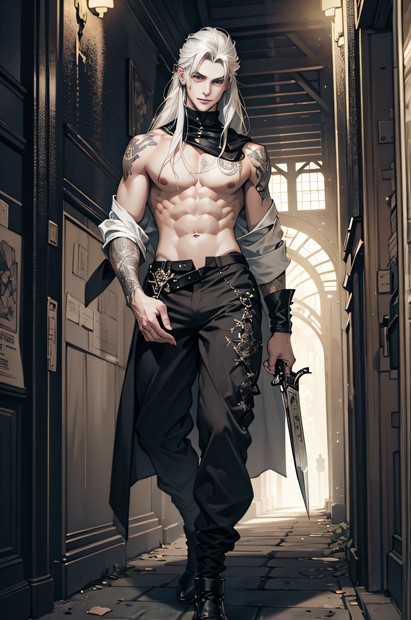 high definition, hiquality, very complex, hypermaximalist, Overly detailed, antiquity. Sexual, arrogant tall young man with pale skin and athletic build, athletic build, walk through the forest outdoors, taut clothes, bare-chested. A sly smile on his face, with full lips, Expressed eyes with an arrogant look. Long gray hair on the front of the head.. There are tattoos and scars on the body. In one hand there is a knife with blood. Confident, dangerous gait. night time, Intricate, mysteriously complex, negative emotional