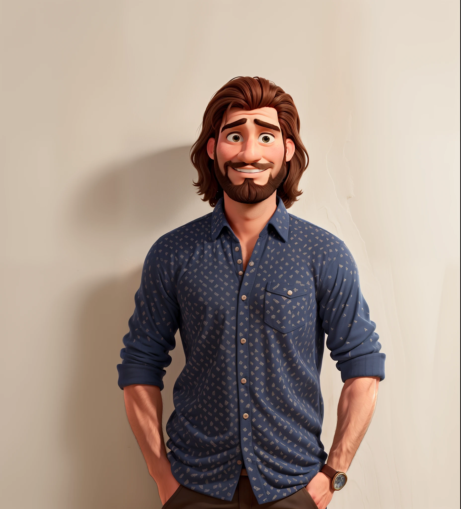3D character Pixar Disney style of, arafed man with long hair and beard standing in front of a wall, very attractive man with beard, portrait of gigachad, yann blomquist, portrait of a rugged young man, inspired by Quirijn van Brekelenkam, a photo of a disheveled man, inspired by Jacob van Utrecht, man in his 30s
