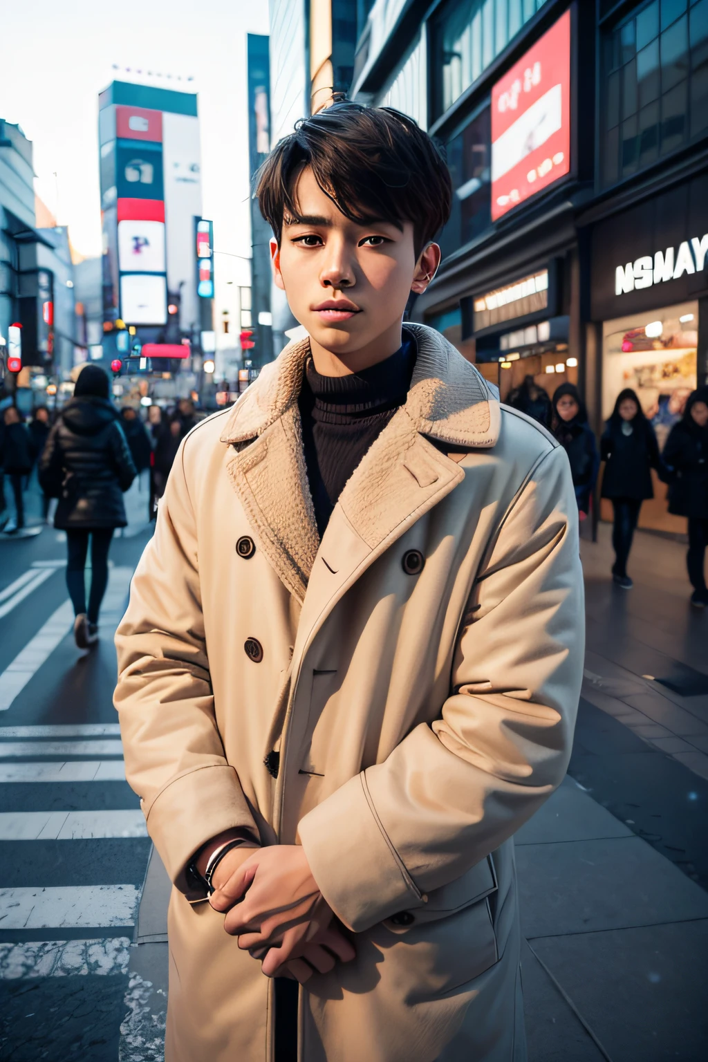 Photorealsitic, 8k full-length portraits, a handsome, Man's, , Gentle expression, TOKYOcty, Winters, Shibuya in the background