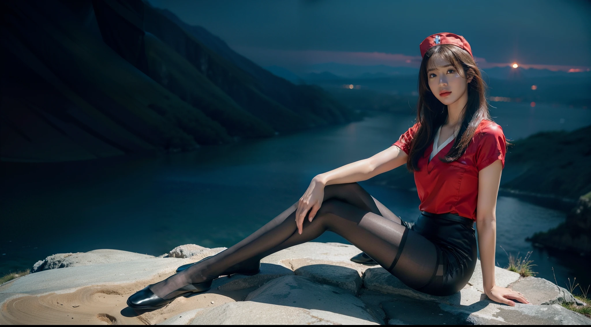 (Full body:1.5),(1girl in:1.3),(view the viewer:1.4),(anatomy correct:1.4),(Sitting at the top of a mountain:1.2),(Wearing a nurse set:1.2),(Opaque pantyhose:1.3),(Accurate and perfect face:1.3),(Long legs:1.3),hyper HD, Ray traching, reflective light, Structurally correct, awardwinning, high detailing, Lighten the shade contrast, Face lighting ,Cinematic lighting, masutepiece, super detailing, High quality, high detailing, Best Quality, High contrast,a scene from a movie、Mare