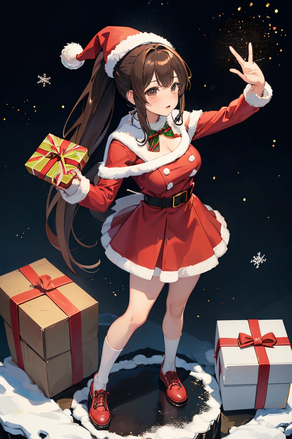 "anime girl, 1 person, dark brown hair, ponytail, ponytail, tied hair, brown eyes, socks, santa hat, santa outfit, santa outfit, winter outfit, red dress, , blushing, full body, snowfall, christmas gift box, christmas, solo, front view, (full HD 4K+ image)"