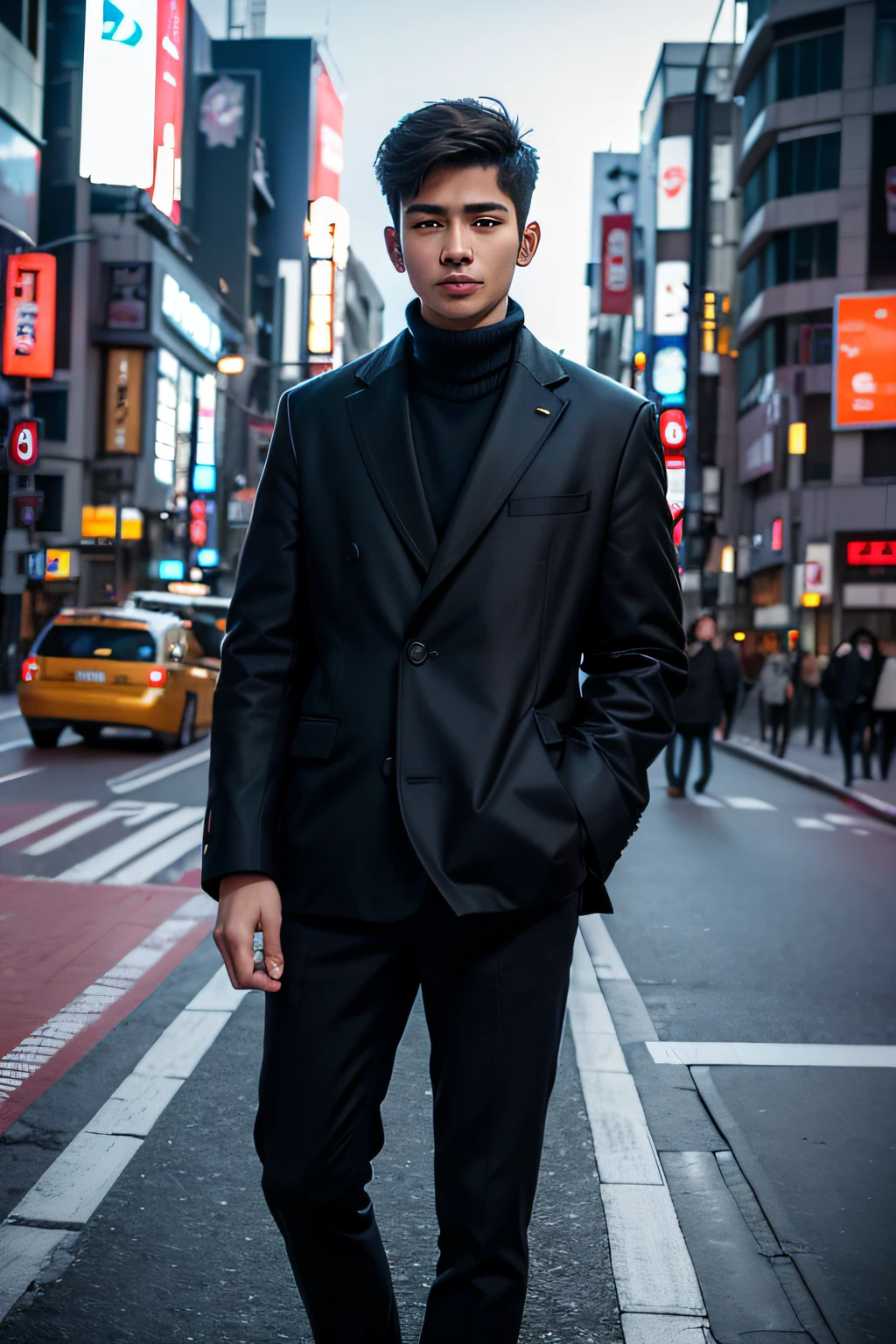 Photorealsitic, 8k full-length portraits, a handsome, Man's, , Gentle expression, TOKYOcty, Winters, Shibuya in the background