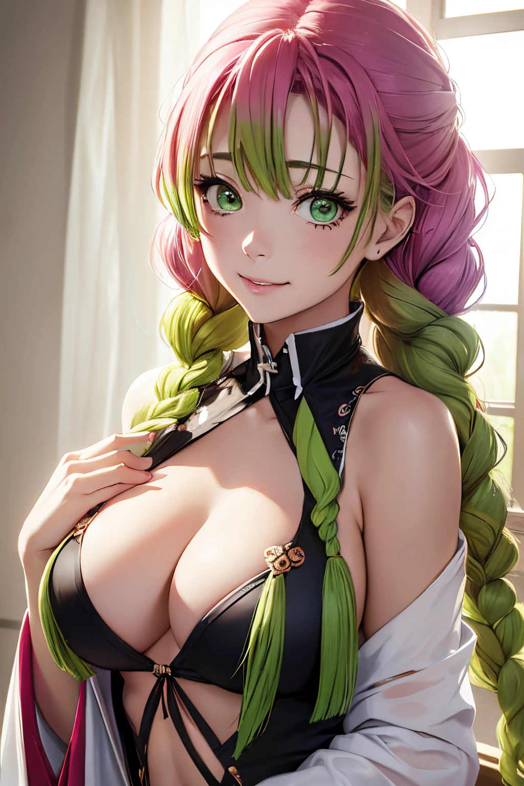 masutepiece, Mitsurikan Log, mitsuri kanroji, braid, Gradient Hair, (Green eyes:1.5), Green hair, Long hair, Mole, Mole under the eyes, multicolored hair, Pink hair, Twin braids, Two-tone hair, cleavage, BREAK looking at viewer, Break indoors, BREAK (masutepiece:1.2), Best Quality, High resolution, Unity 8k壁纸, (Illustration:0.8), (Beautiful detailed eyes:1.6), extra detailed face, Perfect Lighting, extremely details CG, (Perfect hands, Perfect Anatomy),colourful hair, The whole body  reflected, (Off-the-shoulder costumes:1.5), ((chest wide open and exposed)), (Smile), ((undergarment)), ((Torn clothes)), ((The bikini)), , ((Torn clothing))