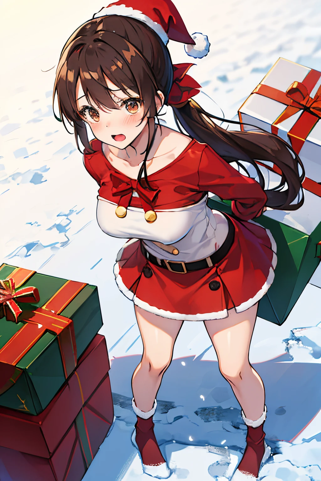 "anime girl, 1 person, dark brown hair, ponytail, ponytail, tied hair, brown eyes, socks, santa hat, santa outfit, santa outfit, winter outfit, naked unique, red dress, big breasts, blushing, full body, snowfall, christmas gift box, christmas, solo, front view, (full HD 4K+ image)"