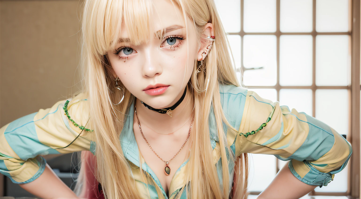 1girl, blonde hair, red contact lenses, choker, necklace with green pendant, ear piercings, cleavage