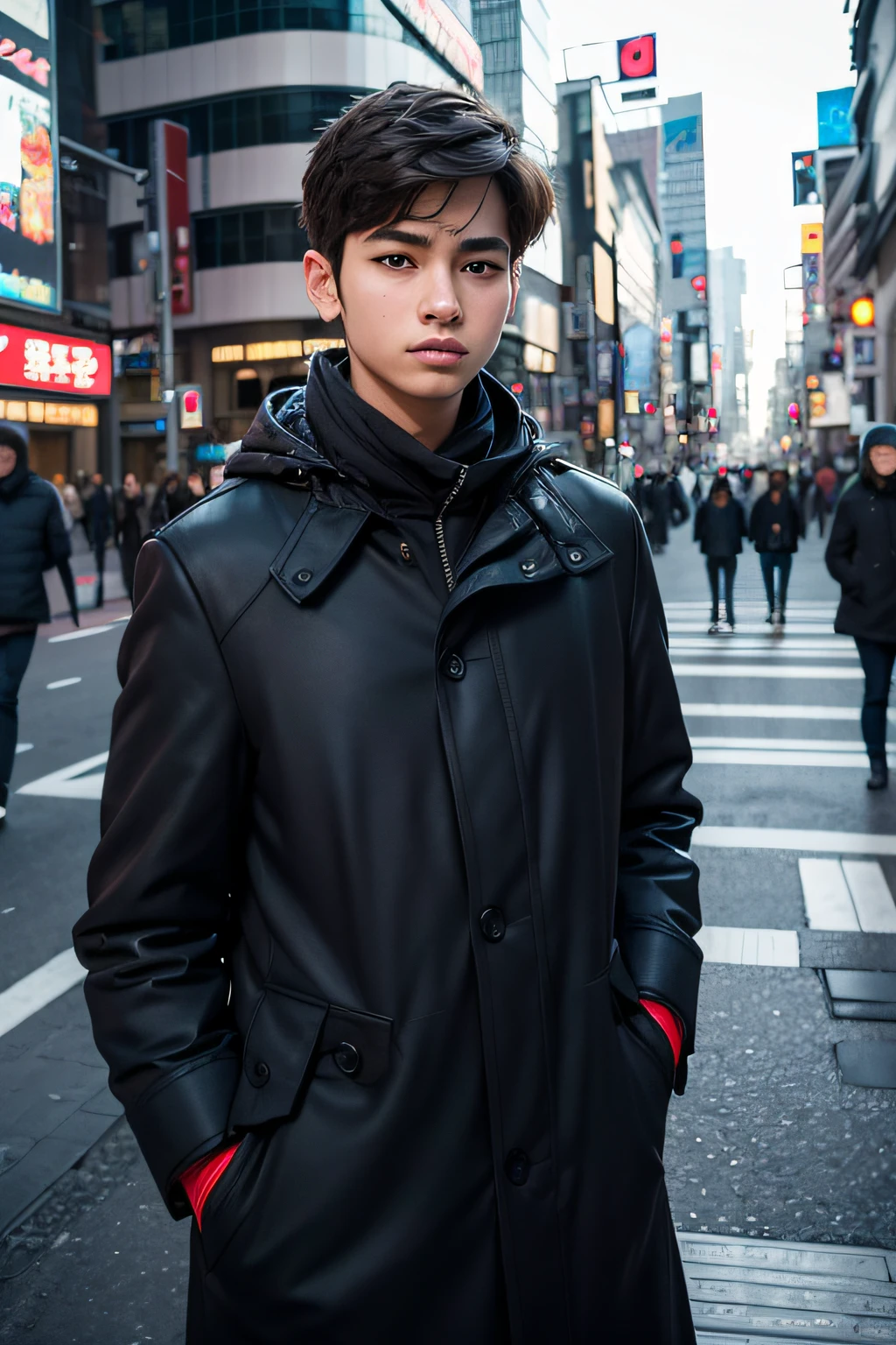 Photorealsitic, 8k full-length portraits, a handsome, Man's, , Gentle expression, TOKYOcty, Winters, Shibuya in the background