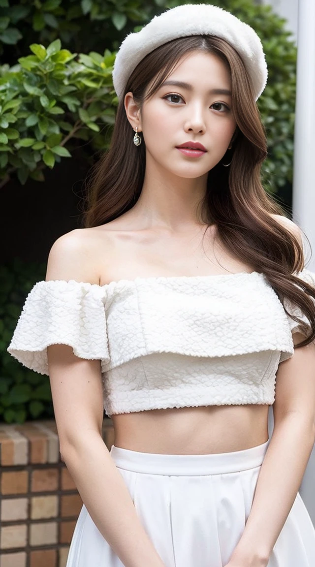 dark brown hair、Light brown eyes、The face of the Japan actress、 Lady、looks like him'i'i'i'I'm about 40 years old、(intricate-detail:1.2)、(top-quality:1.4)、 (超A high resolution:1.2)、超A high resolution、(A detailed eye)、(detailed facial features)、nffsw、8K resolution、D-cup size breasts、length hair、i'i'、White the 2-piece costume V-neck fluffy, croptop,Flower Shop、Wearing a cap、Cap Women、