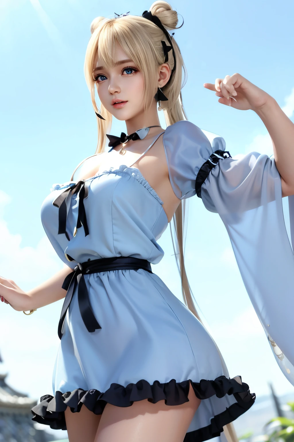 Marie Rose, Curly blonde hair, ((30-years old)), hair((double buns)), Eyes((Smart Eyes, Black eye contact)), ((chiffon, puffy sleeve mini dress, Light blue)), Accessories ((Ribbon Hair Band, earrings)), huge tit: 1.3, huge-breasted, Korean Makeup Look, castle, nigh sky, Smiling expression,