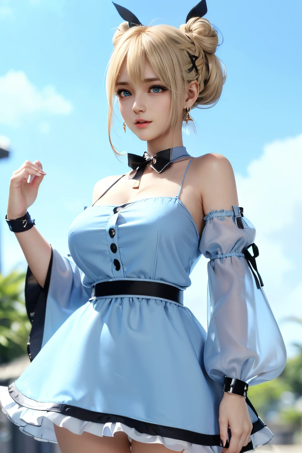 Marie Rose, Curly blonde hair, ((30-years old)), hair((double buns)), Eyes((Smart Eyes, Black eye contact)), ((chiffon, puffy sleeve mini dress, Light blue)), Accessories ((Ribbon Hair Band, earrings)), huge tit: 1.3, huge-breasted, Korean Makeup Look, castle, nigh sky, Smiling expression,