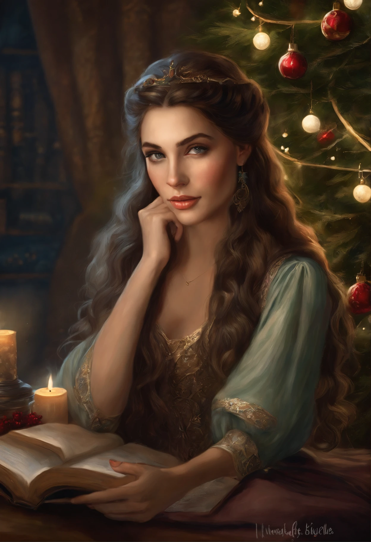 painting of a woman, reading a book in front of the Christmas tree, RPG Book Portrait, Masterpiece! Portrait of Arwen, portrait of an elf, Book portrait, portrait of an elf, inspired by Magali Villeneuve, Fantasy genre portrait, in the art style of bowater, detailed character portrait, Lúthien, kramskoi 4 k, fantasy art portrait