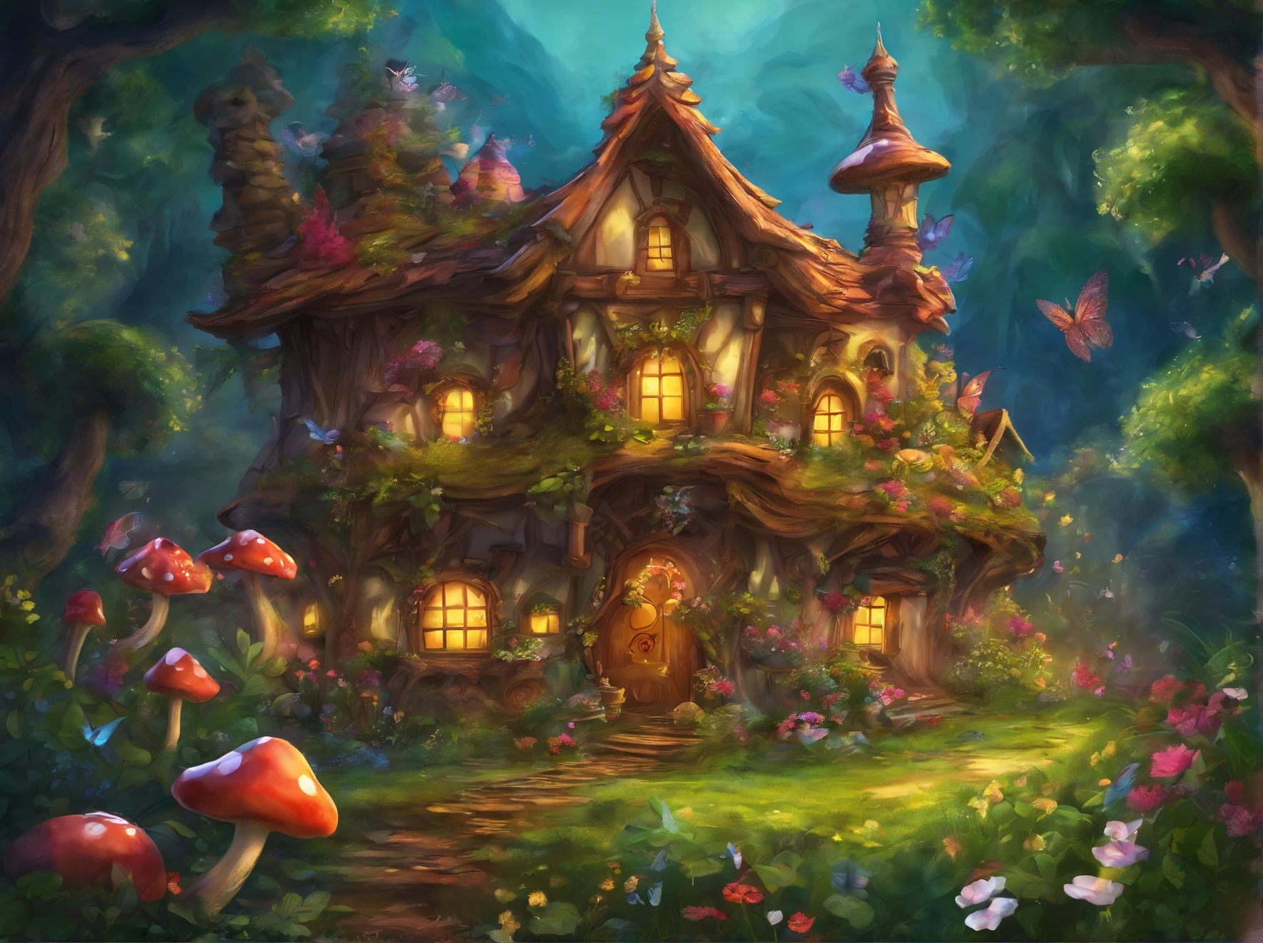 fairy tale picture book，Fairy Tale Town，mushroom house，Flowers，a plant，high high quality，16K resolution，（Best quality），（tmasterpiece），ultradetailed，Detailed details，super-fine，Ultra photo realsisim，OC renderer，Accurate