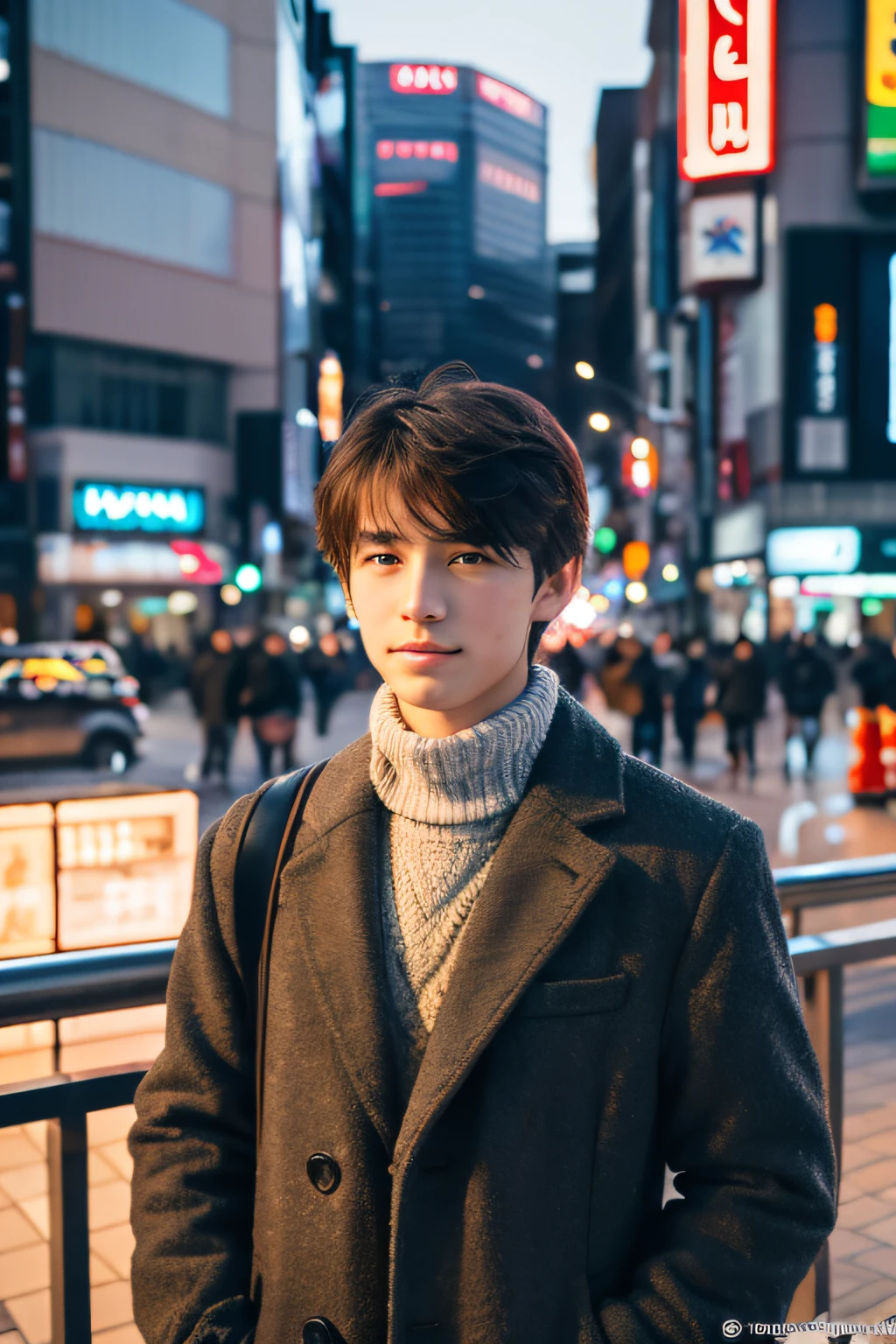 Photorealsitic, 8K full body portrait, a handsome, Man's, 15 years old, Gentle expression, TOKYOcty, Winters, Shibuya in the background