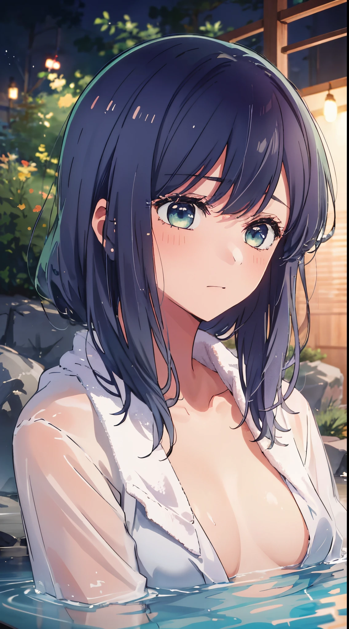 beautiful  lighting, 1girl in, 独奏, Akane,  ((anime styled))、((2D))、be shy、(hot onsen)、(((a towel)))、((a closeup))、(((embarassed face)))、Facing the camera、Colossal tits、hiding chest with hands