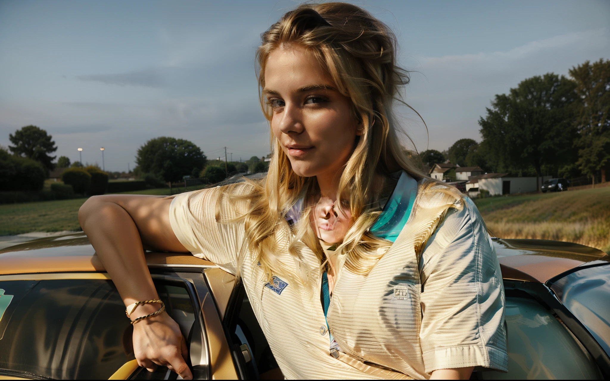 25 years old girl with long blonde hair  leaning on the side of a car with her  hand on the door,