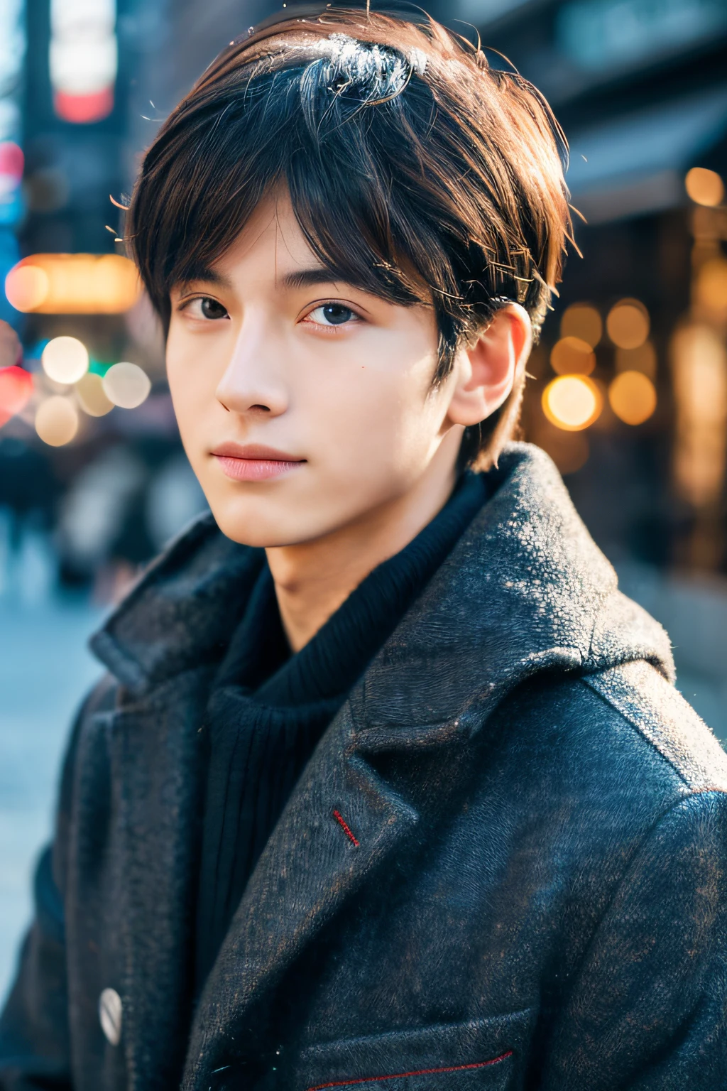 Photorealsitic, 8K full body portrait, a handsome, Man's, 15 years old, Gentle expression, TOKYOcty, Winters, Shibuya in the background