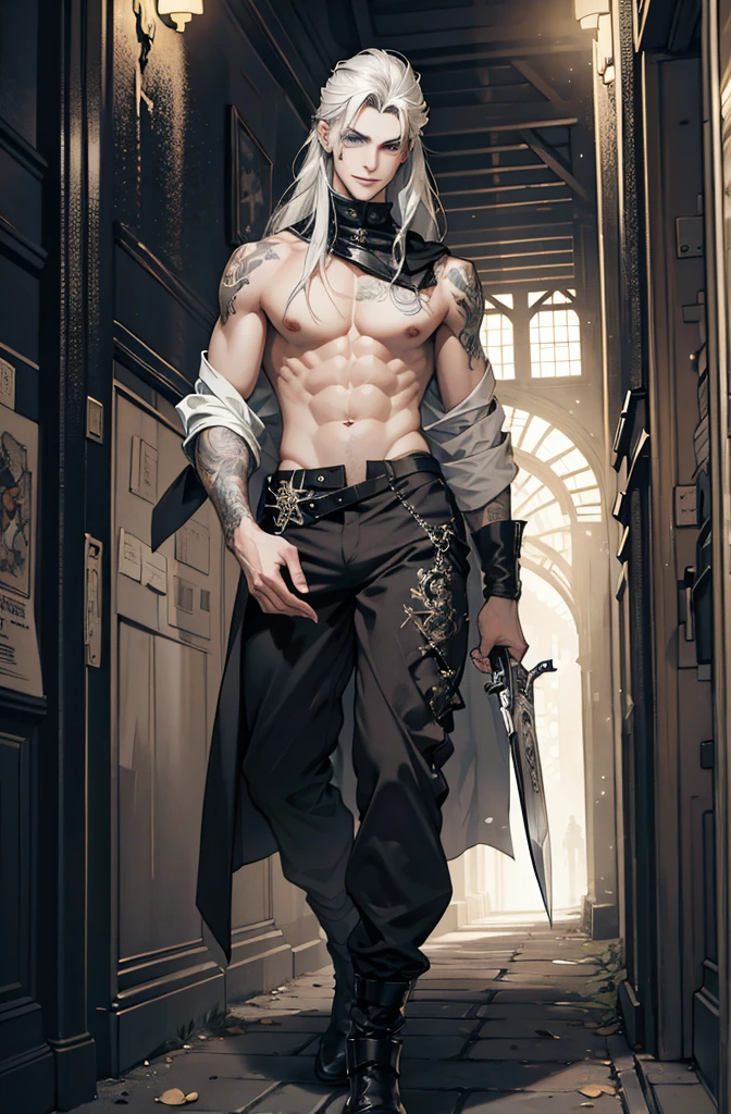 high definition, high quality, very complex, hyper-maximalist, overly detailed, antiquity. Sexy, arrogant tall young man with pale skin and athletic build, Athletic build, walking through the forest outdoors, Tight leather clothes, bare chest. A sly smile on his face, with full lips, bright blue eyes with an arrogant look. Long gray hair on the front of the head.. There are tattoos and scars on the body. In one hand there is a knife with blood. confident, dangerous gait. Night time, intricate, mysteriously complex, negative emotional