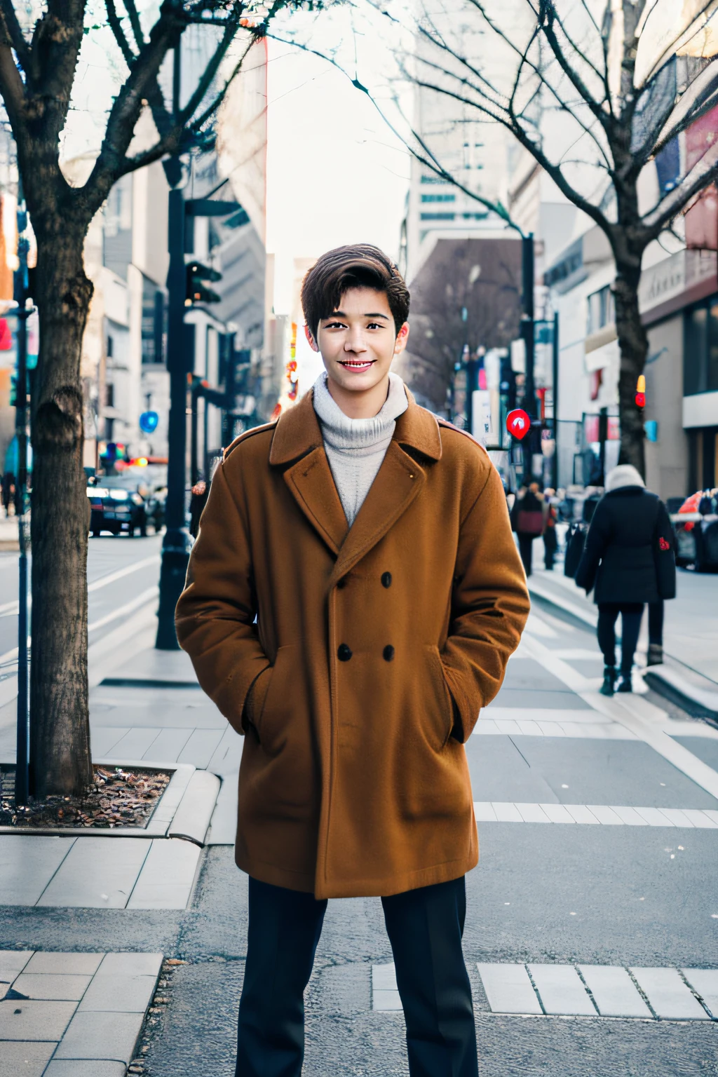 Photorealsitic, 8K full body portrait, a handsome, Man's, 15 years old, A charming expression, TOKYOcty, Winters, Shibuya in the background