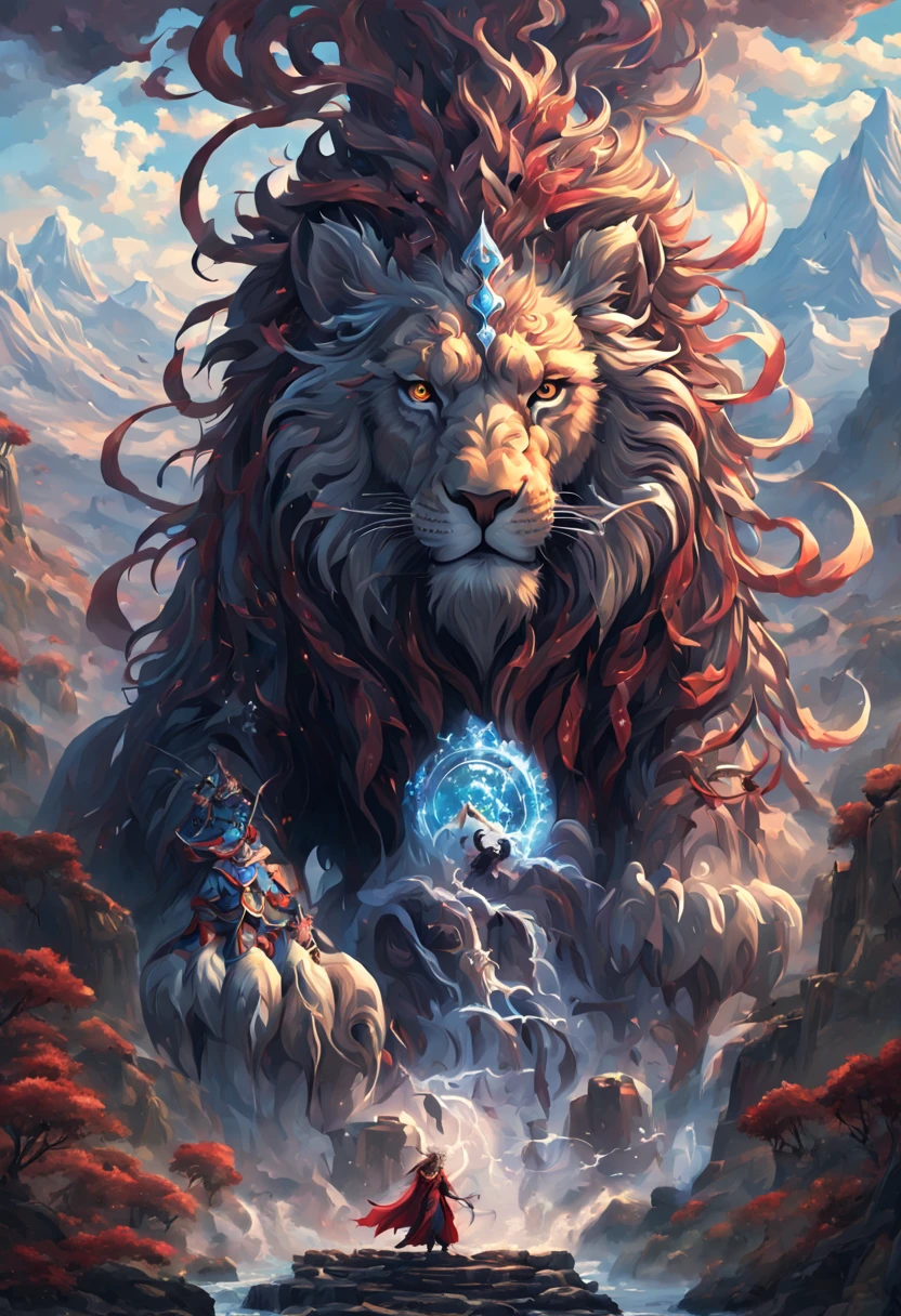 (pixel art:1.3), (solo:1.3), a mesmerizing fantasy scene where an ((anthropomorphic Eastern Lion dark wizard)) sinister and captivating, wearing legendary robe adorned with intricate magical symbols, mystical landscape featuring majestic mountains, cascading waterfalls, ancient ruins, surround the turkey with ((swirling ominous magical energies emanating from its staff)), (best quality, masterpiece, Representative work, official art, Professional, unity 8k wallpaper:1.3)