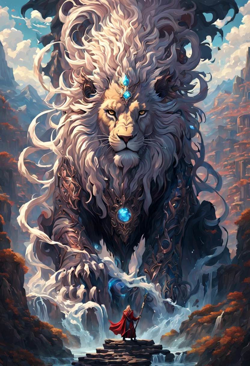 (pixel art:1.3), (solo:1.3), a mesmerizing fantasy scene where an ((anthropomorphic Eastern Lion dark wizard)) sinister and captivating, wearing legendary robe adorned with intricate magical symbols, mystical landscape featuring majestic mountains, cascading waterfalls, ancient ruins, surround the turkey with ((swirling ominous magical energies emanating from its staff)), (best quality, masterpiece, Representative work, official art, Professional, unity 8k wallpaper:1.3)