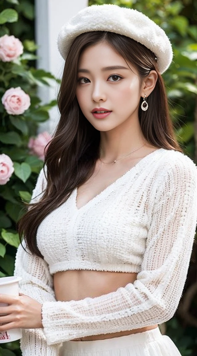 dark brown hair、Light brown eyes、The face of the Japan actress、 Lady、looks like him'i'i'i'I'm about 40 years old、(intricate-detail:1.2)、(top-quality:1.4)、 (超A high resolution:1.2)、超A high resolution、(A detailed eye)、(detailed facial features)、nffsw、8K resolution、D-cup size breasts、length hair、i'i'、White the 2-piece costume V-neck fluffy, Long sleeve crop top,Choosing flowers at a flower shop、Wearing a cap、Cap Women、