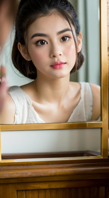 white girl posing in front of the mirror, pure asian face, big eyes, thick lips, delicate face, high nose, straight eyebrows, innocent, 4K