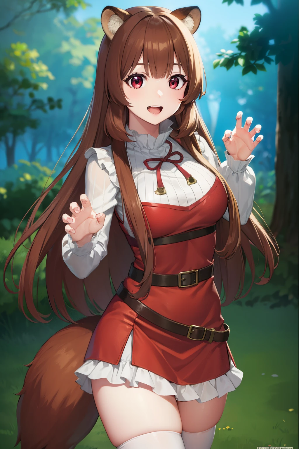 Raphtalia, Raphtalia, Animal ears, Brown hair, Long hair, raccoon ears, a racoon girl, racoon tail, (Red Eyes:1.5), tail,
Blake Arm Garter, Belt bag, brown belt, brown robes, Dress, juliet sleeves, Long sleeves, Puffy sleeves, Short dress,
BREAK looking at viewer,
BREAK outdoors, forest, Nature, Sun, skyporn, (Cowboy Shot:1.5),
BREAK (masutepiece:1.2), Best Quality, High resolution, Unity 8k壁纸, (Illustration:0.8), (Beautiful detailed eyes:1.6), extra detailed face, Perfect Lighting, extremely details CG, (Perfect hands, Perfect Anatomy), (claw pose:1.3), (The best smile:1.3), (Opening Mouth:1.3)