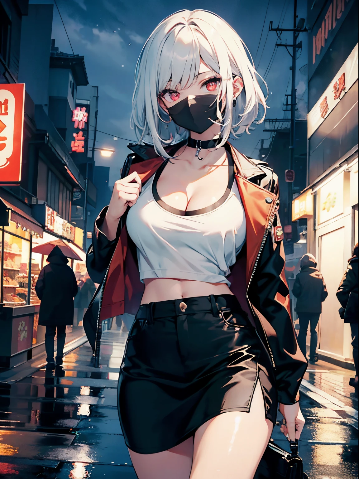 (8k, best quality, masterpiece:1,2), (realistic, photo-realistic:1,37), top quality, masterpiece, a beautiful woman, wearing a shirt for women crop v neck top white t-shirt korean fashion women t with a tight open black color jacket, beautiful and toned body, cleavage, floral mini skirt, walking in the suburbs, slightly drizzling night background, in shops with Korean-style shop lights, night atmosphere, asphalt, seductive smiles with dimples, anime style, white hair, red eyes
