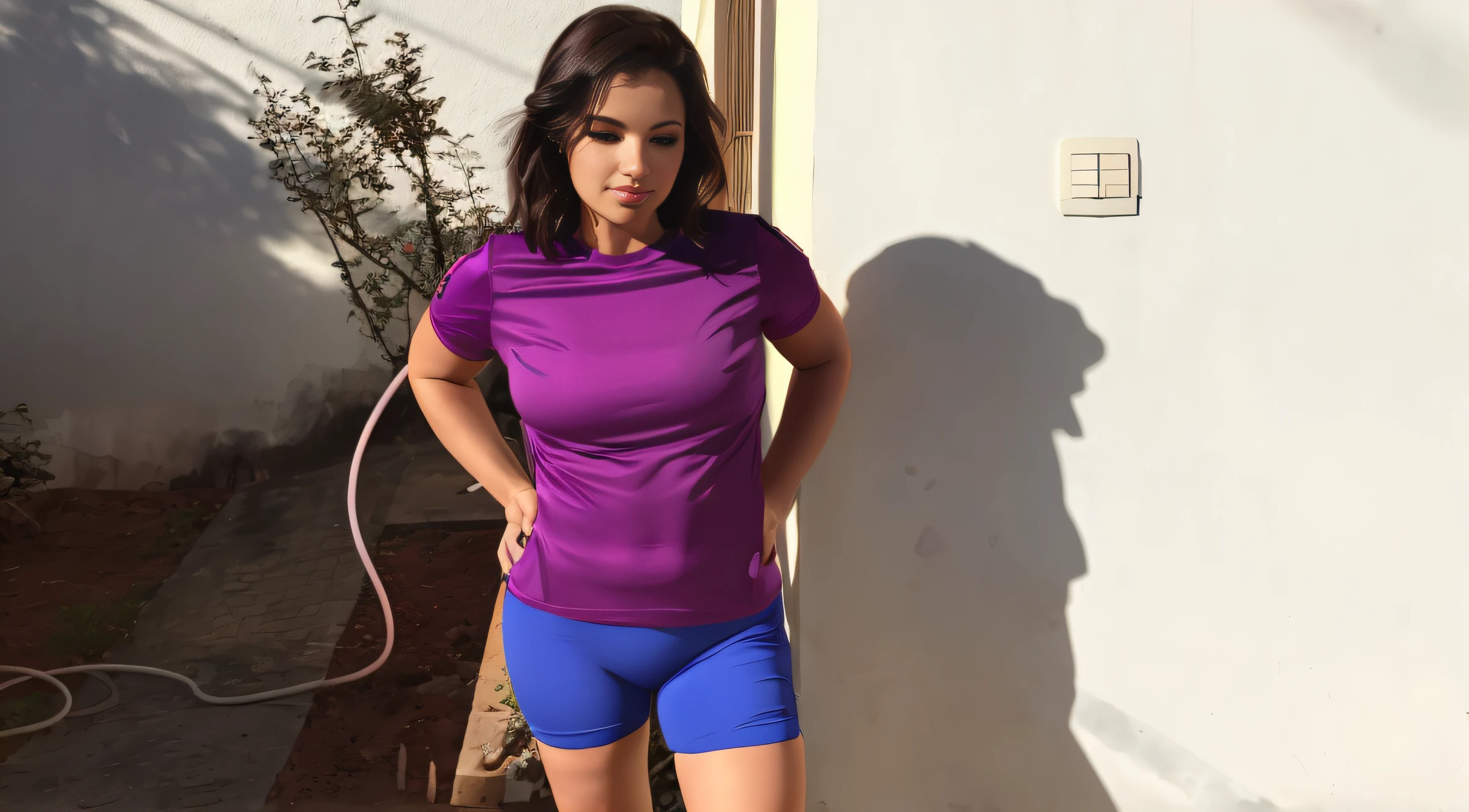 there is a woman standing near a wall with a hose, vestindo camiseta roxa, top roxo, tshirt azul apertada, camiseta de cor violeta, Tanque Violeta Apertado, vestindo camisa apertada, roupa roxa, corpo roxo, vestindo bermuda e camiseta, de bermuda, usando equipamento de fitness, Pontes roxas com leggins, vestido com um top e shorts