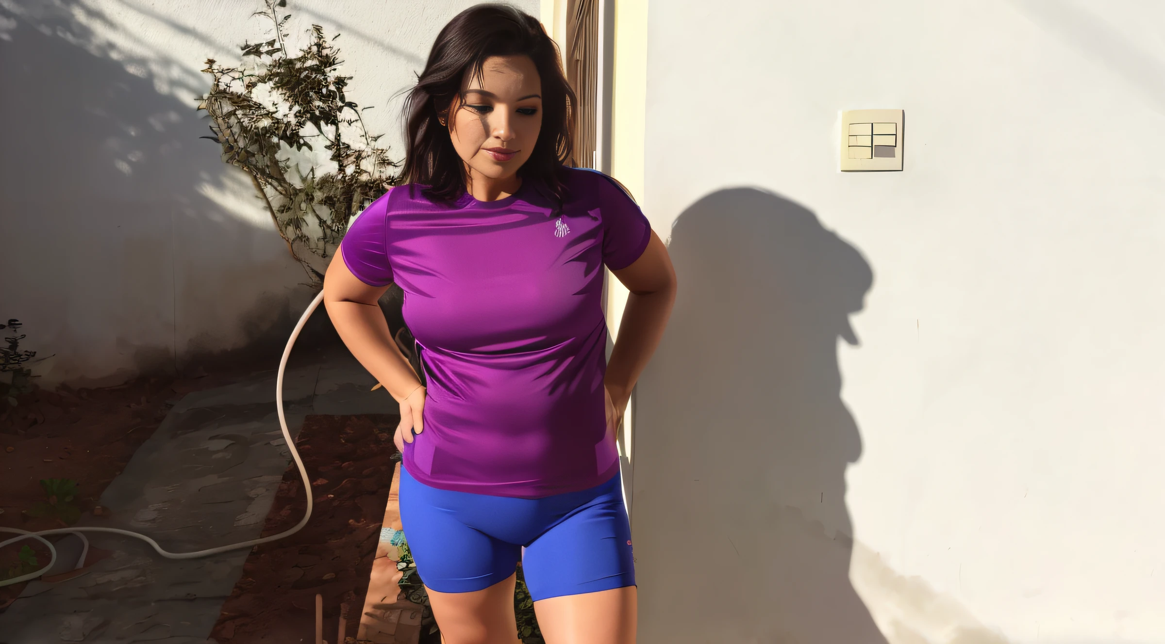 there is a woman standing near a wall with a hose, vestindo camiseta roxa, top roxo, tshirt azul apertada, camiseta de cor violeta, Tanque Violeta Apertado, vestindo camisa apertada, roupa roxa, corpo roxo, vestindo bermuda e camiseta, de bermuda, usando equipamento de fitness, Pontes roxas com leggins, vestido com um top e shorts